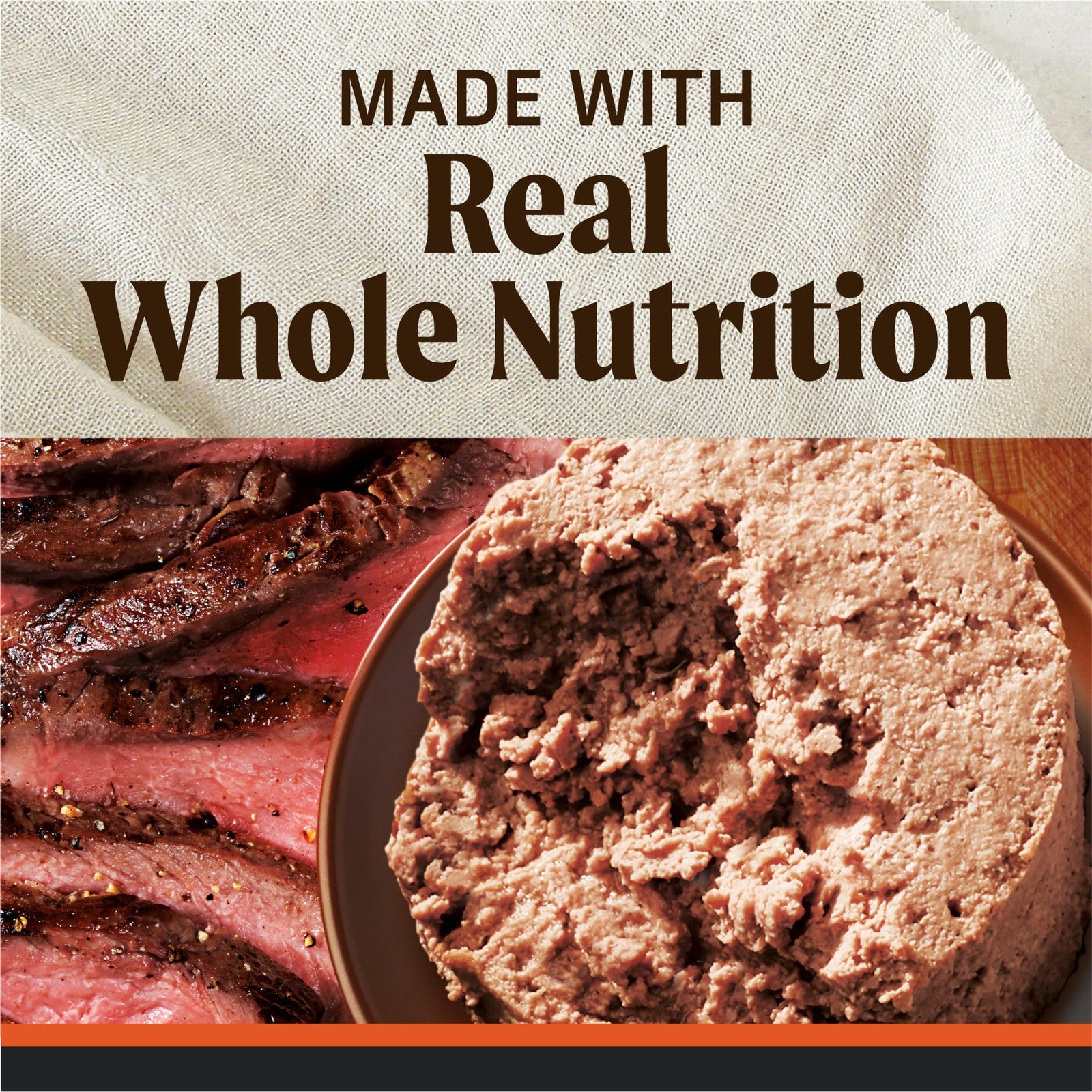 Canned dog food by Merrick featuring real Texas beef dinner, grain-free and natural ingredients in the 10-pack.