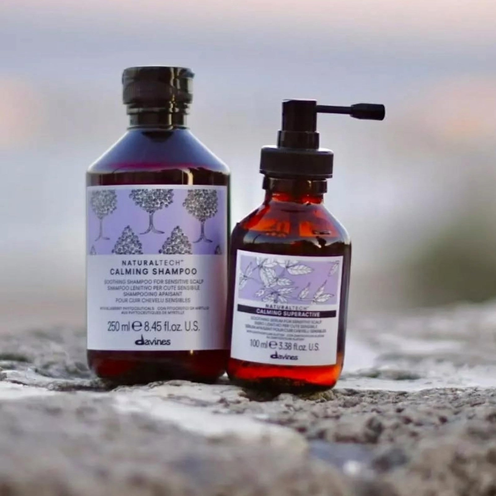 Davines Naturaltech CALMING Shampoo for gentle cleansing and relief of itchy, sensitive scalp with calming ingredients.
