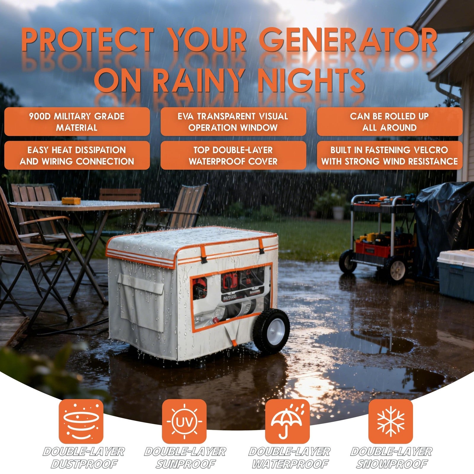 TBNO all-season generator cover measuring 32"L x 24"W x 24"H, designed to protect generator while running in various weather conditions.