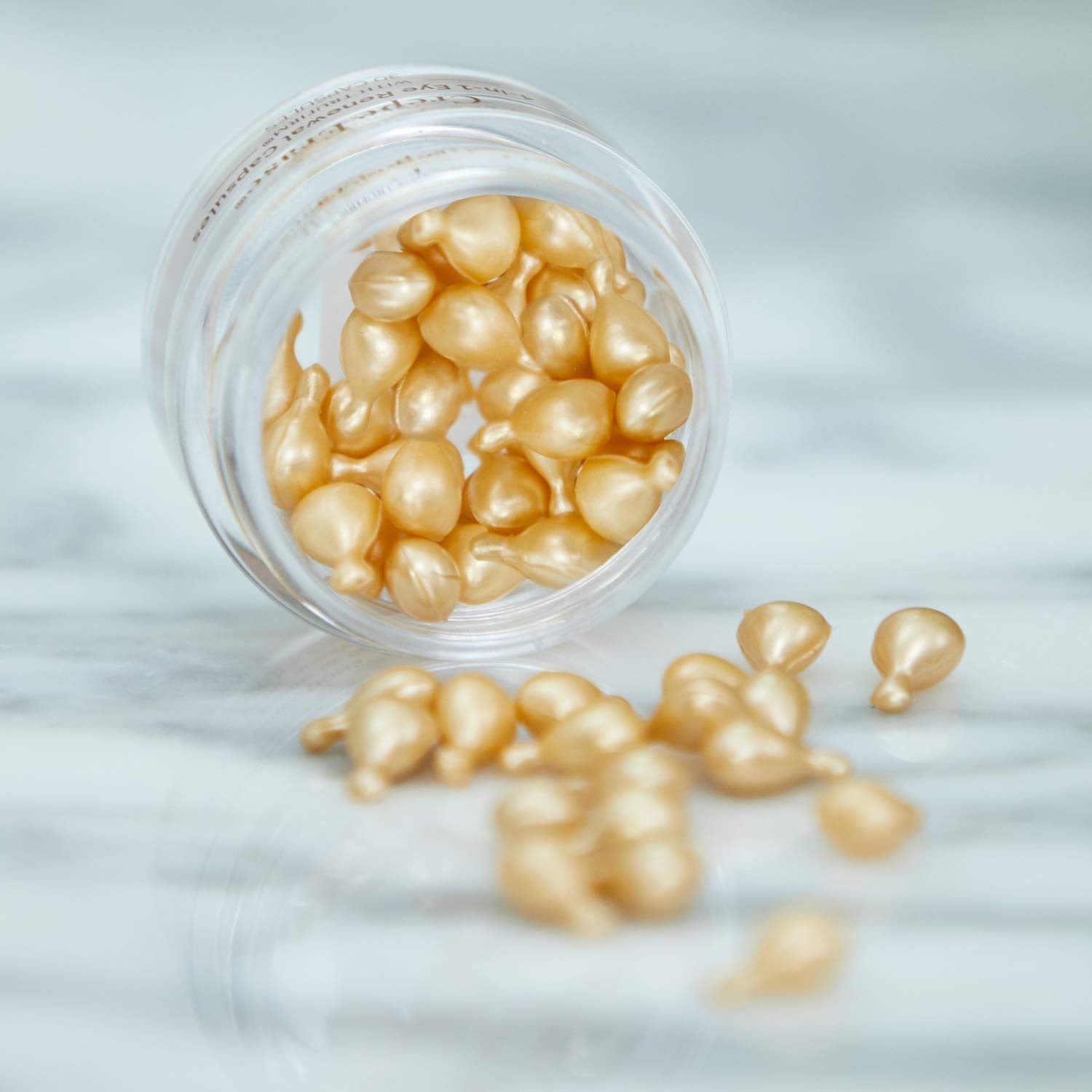 Crepe Erase Body Firm crepe smoothing capsules for face, anti-aging and hydrating skincare, shown in a sleek container.