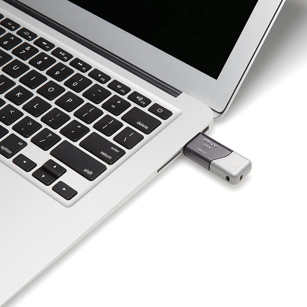 Two PNY Turbo Attaché 3 USB 3.0 flash drives in silver, each with 256GB storage capacity, shown side by side.