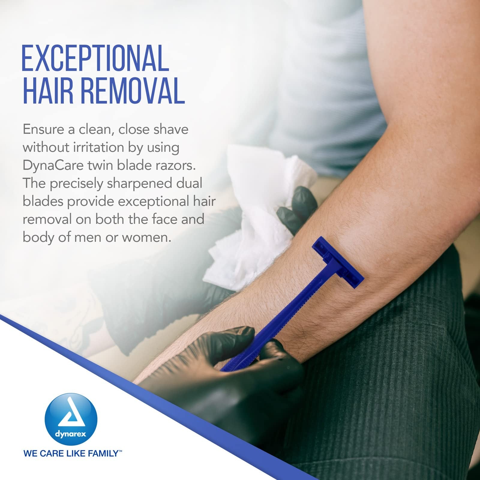 Dynarex DynaCare twin blade disposable razor with two blades, unisex design, shown with the razor head and handle.