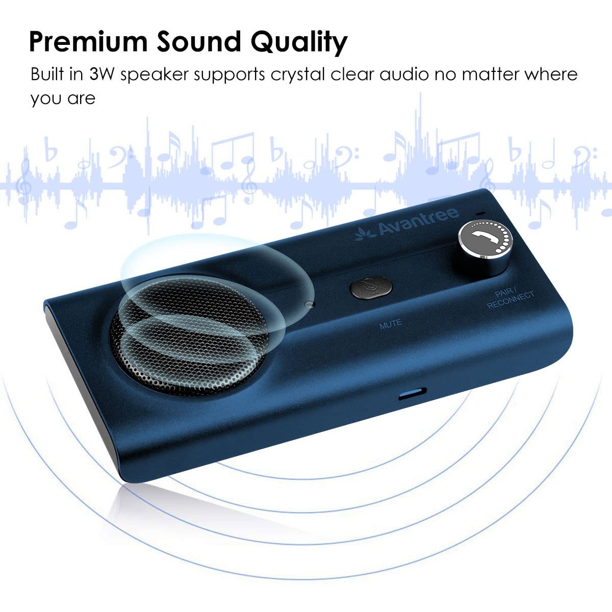 Avantree CK11 Bluetooth 5.0 car kit with 3W loud speakerphone and hands-free cell phone communication in a vehicle.