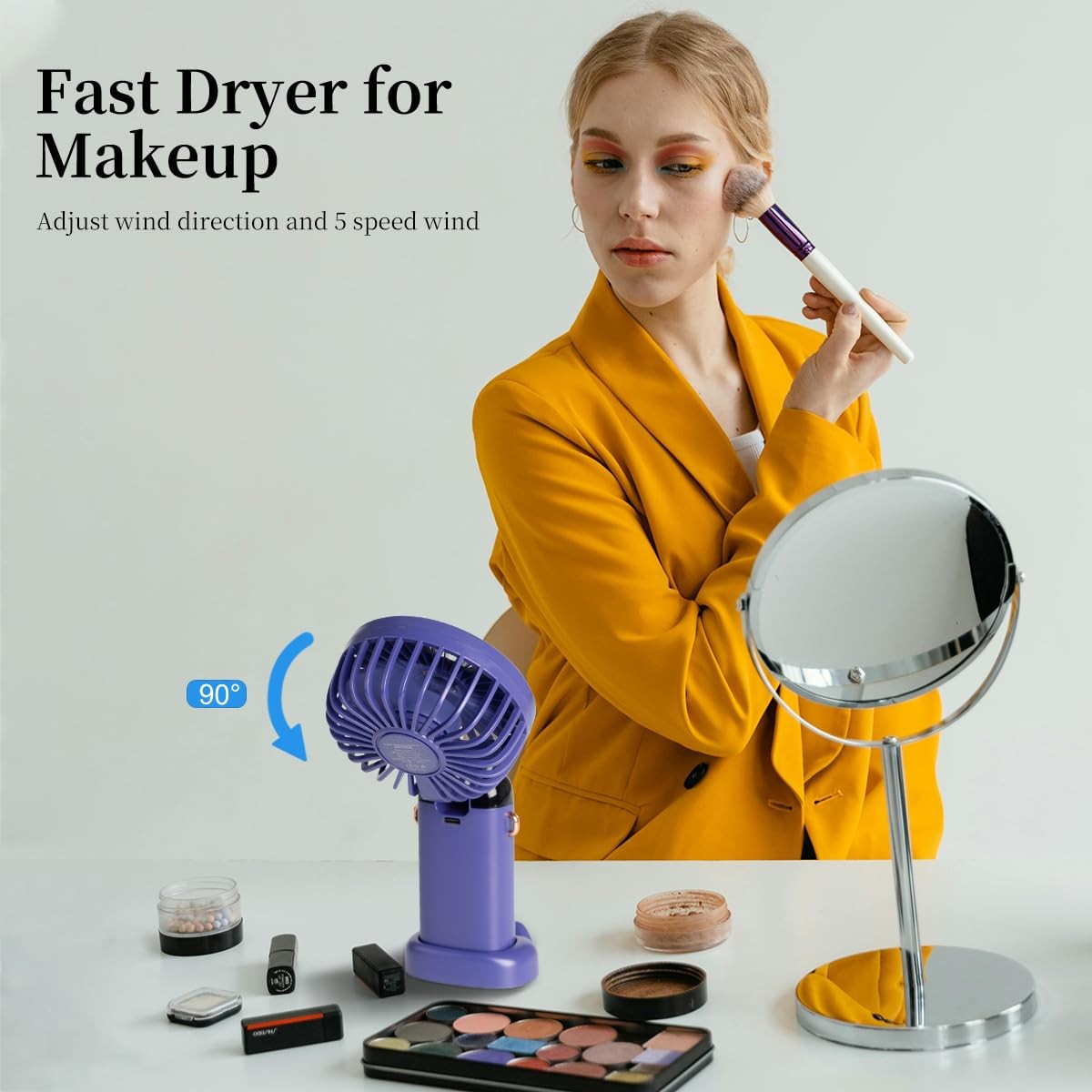 Aucoofany 5-pack portable handheld fans with foldable stands, 12-hour battery life, and 90° adjustable angles.
