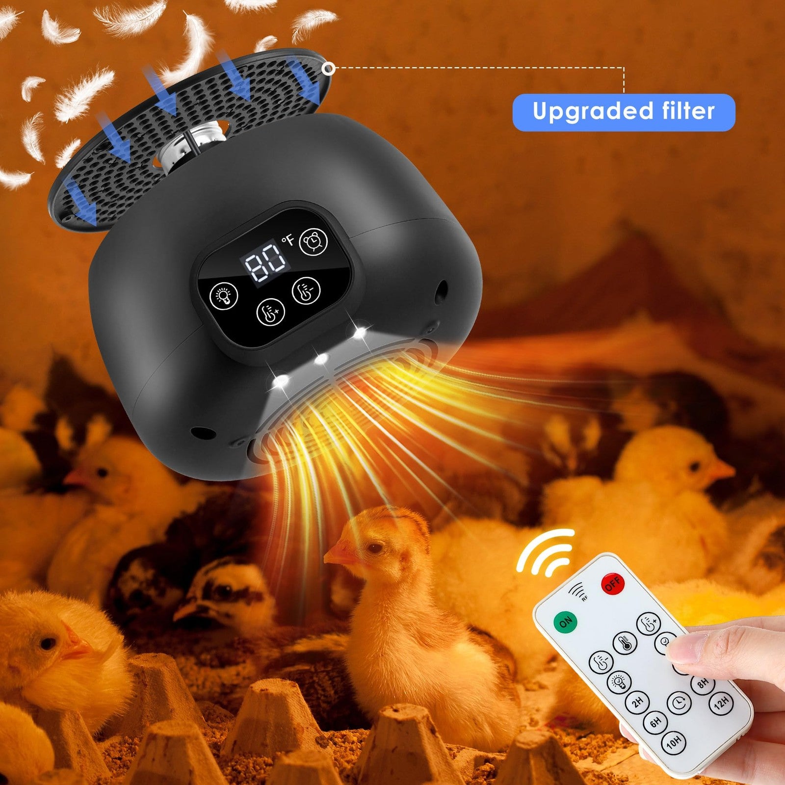 Gulfmew 200W chicken coop heater with remote control, showing the compact heater unit installed in a poultry coop for warm temperature.
