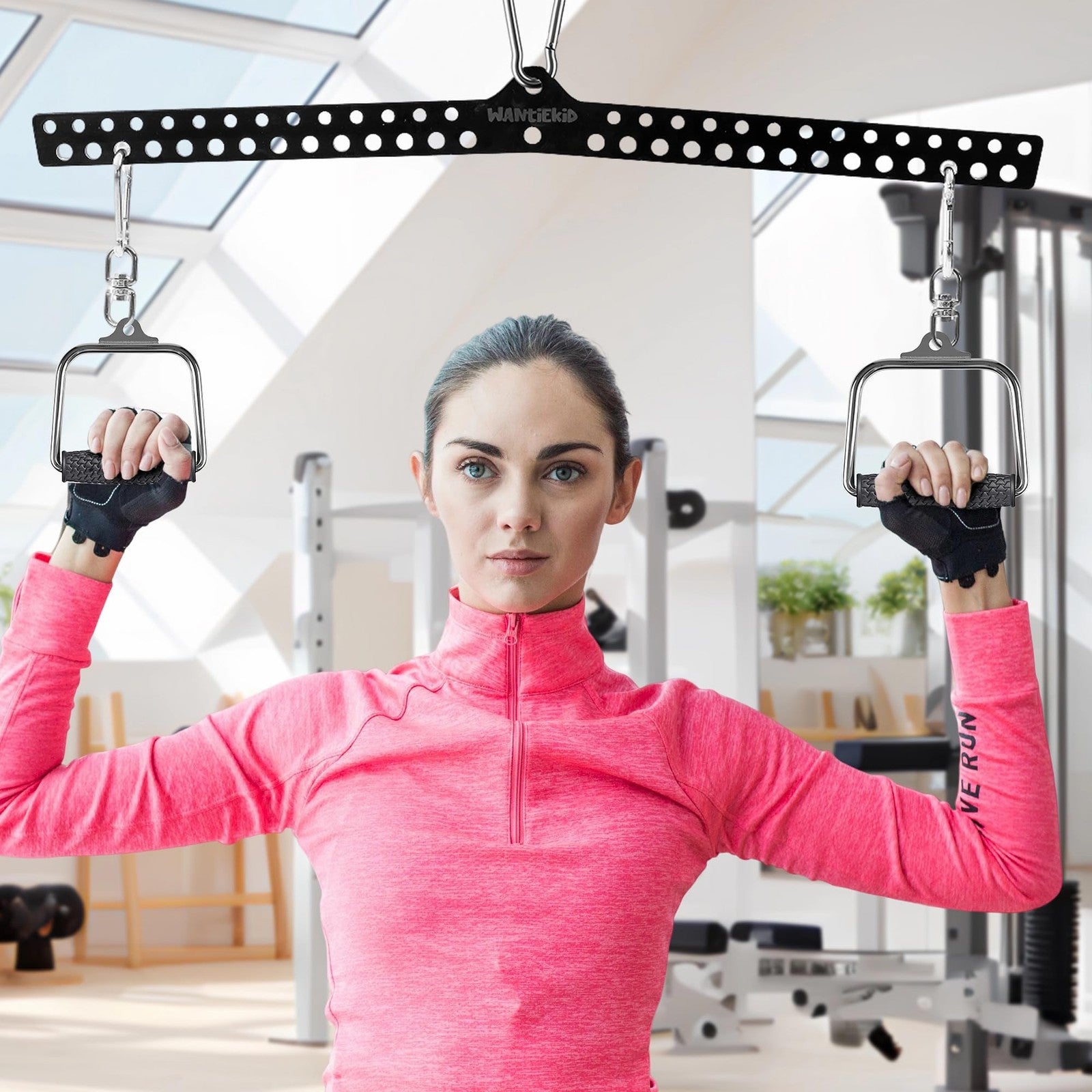 Wantiekid multi-grip LAT pull-down bar with 360° rotating adapter, 32-inch gym cable attachment for strength training.