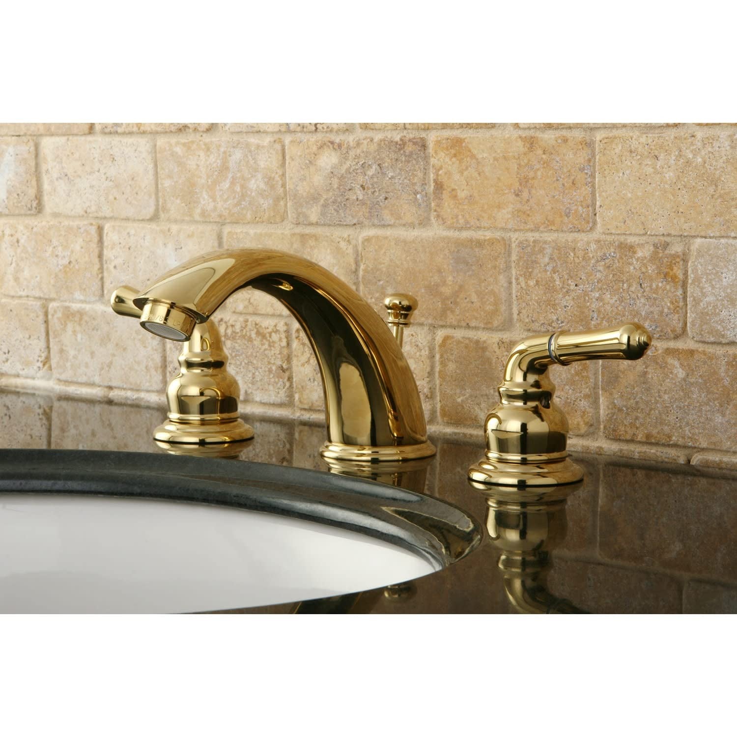 Kingston Brass Magellan widespread bathroom faucet with retail pop-up drain in polished finish, featuring modern design and dual handles.