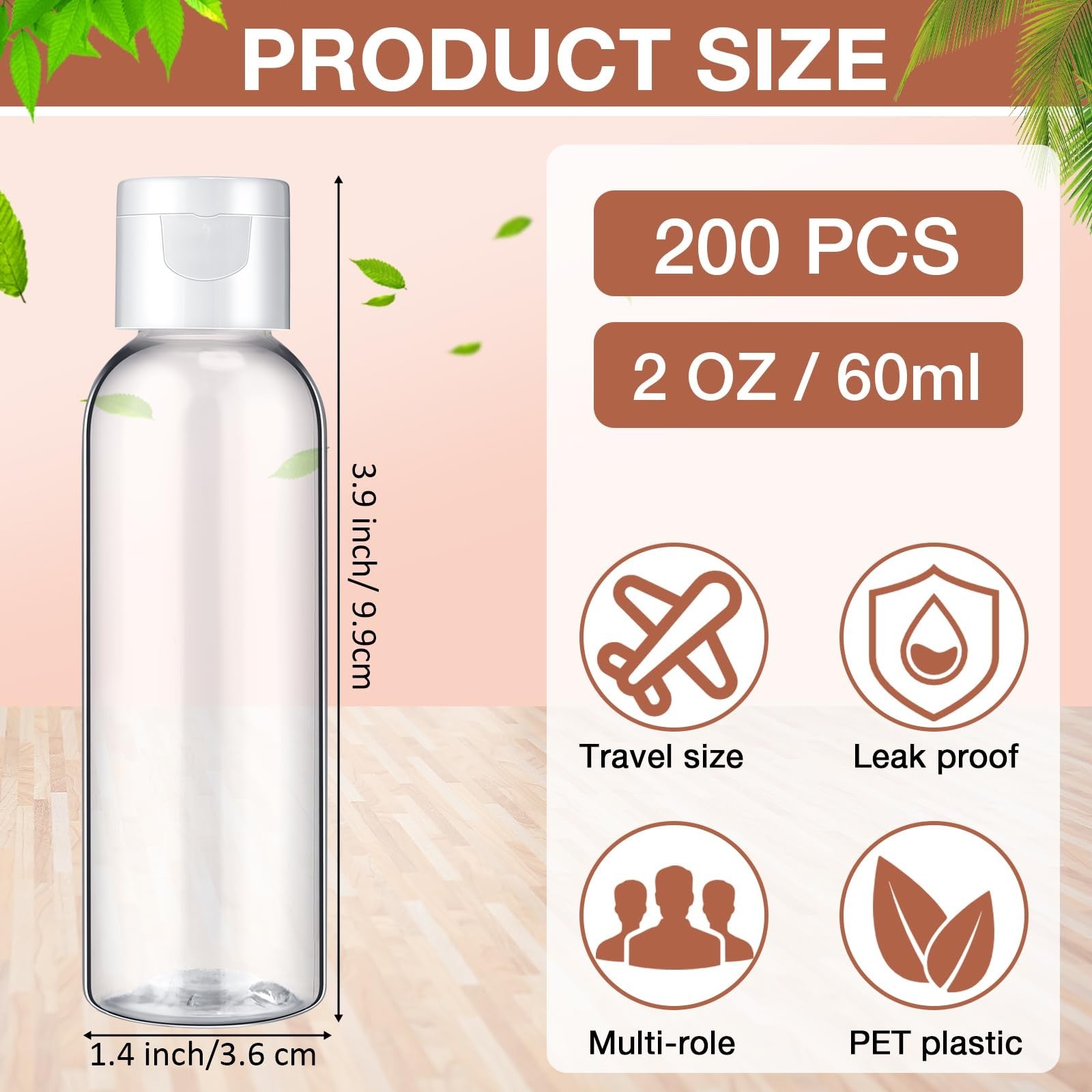 Set of 200 clear plastic 2oz travel bottles with flip caps, ideal for liquids like toiletries and travel dispensers by Zhehao