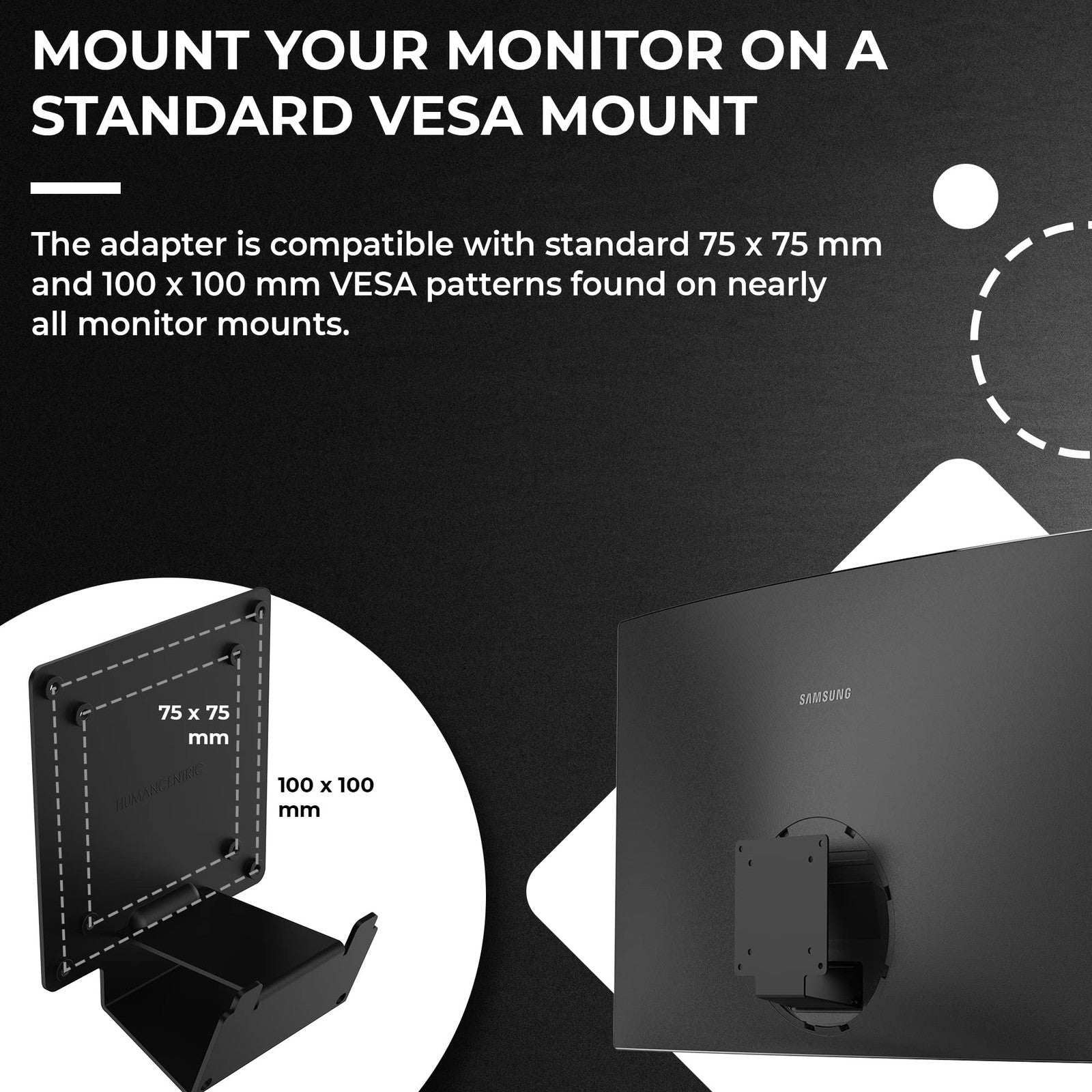 HumanCentric VESA mount adapter for Samsung U32R590 curved monitor, showing the black mounting bracket and attachment points.