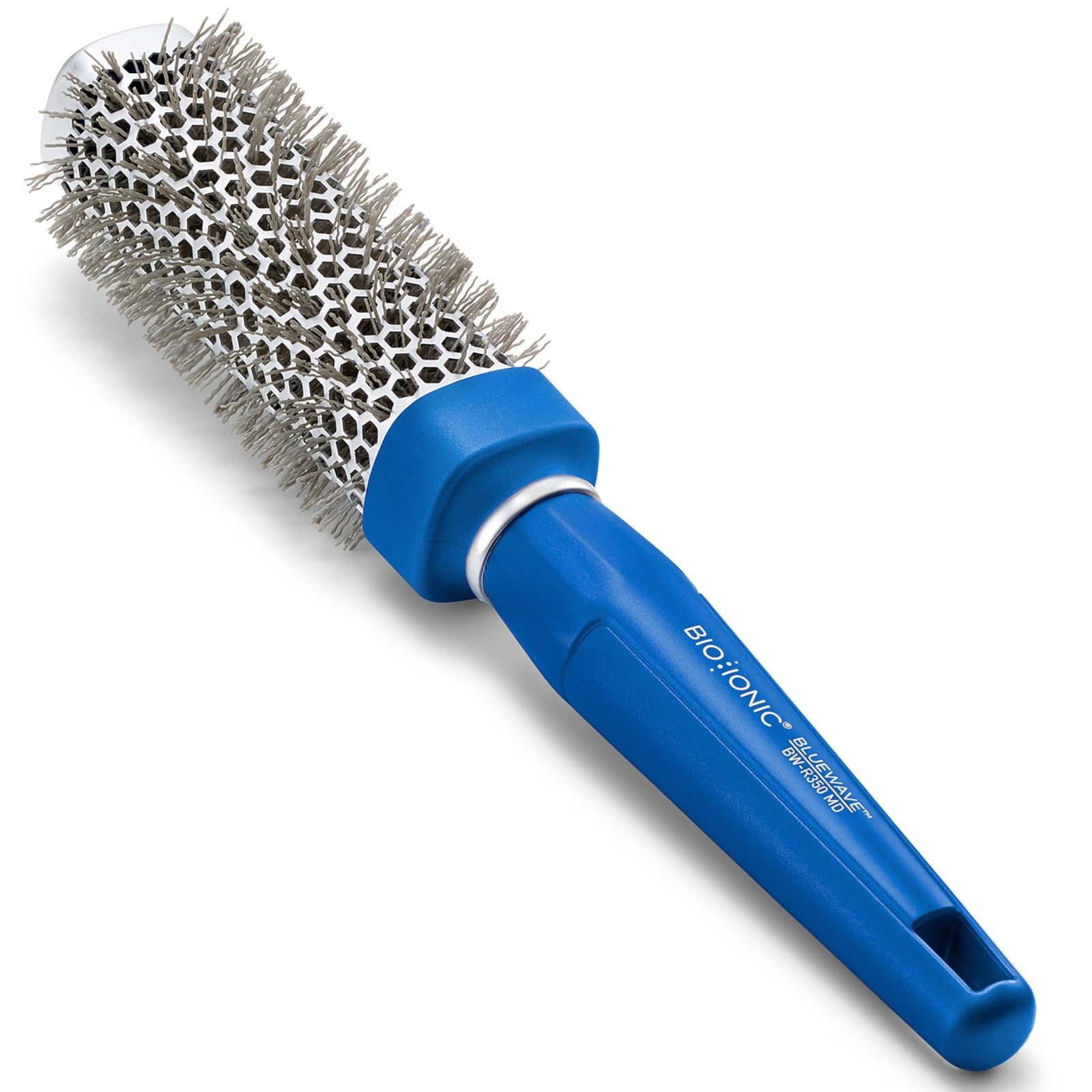 BIO IONIC BlueWave NanoIonic Conditioning Brush in medium size with black handle and blue bristles, designed for frizz-free shine.