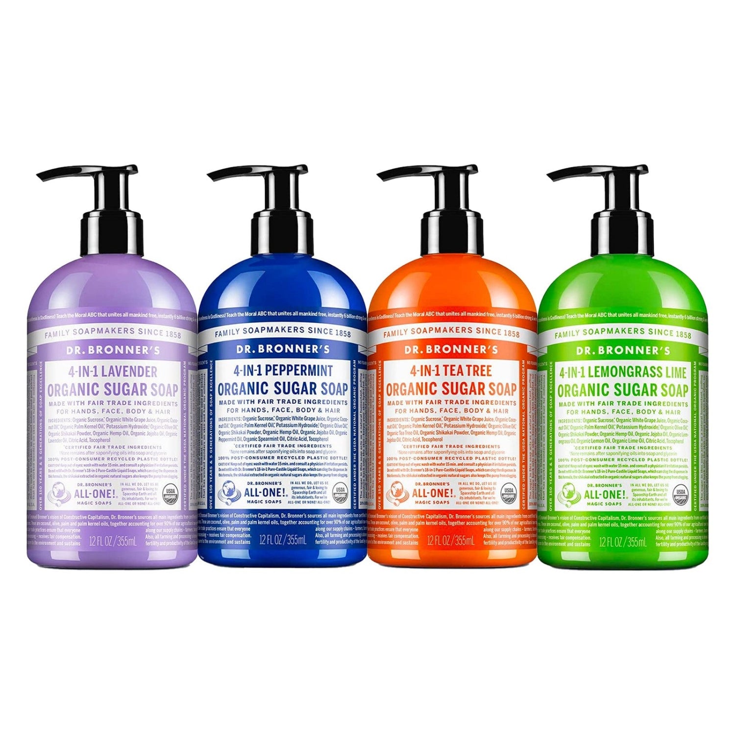 Three 12 oz bottles of Dr. Bronner's Organic Sugar Soap in lavender, peppermint, and tea tree scents displayed together.