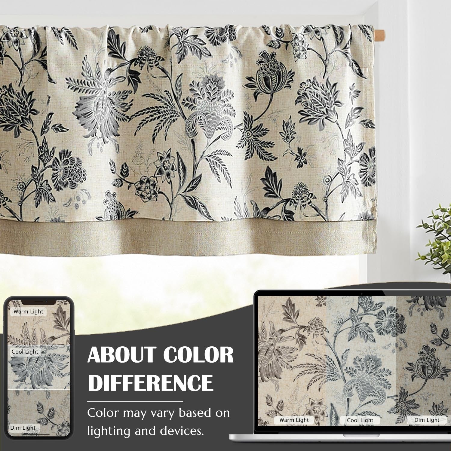 Vangao linen farmhouse floral valance curtain with small window design, featuring cottage-style double-layer curtains.
