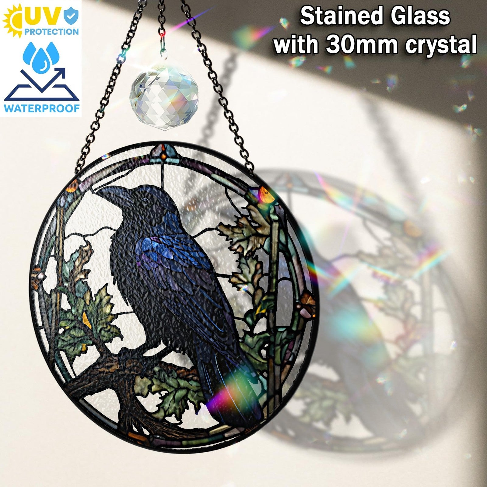 Vinatimes 7.8-inch crow stained glass suncatcher with colorful art glass ravens, ideal for indoor gothic sun catchers.