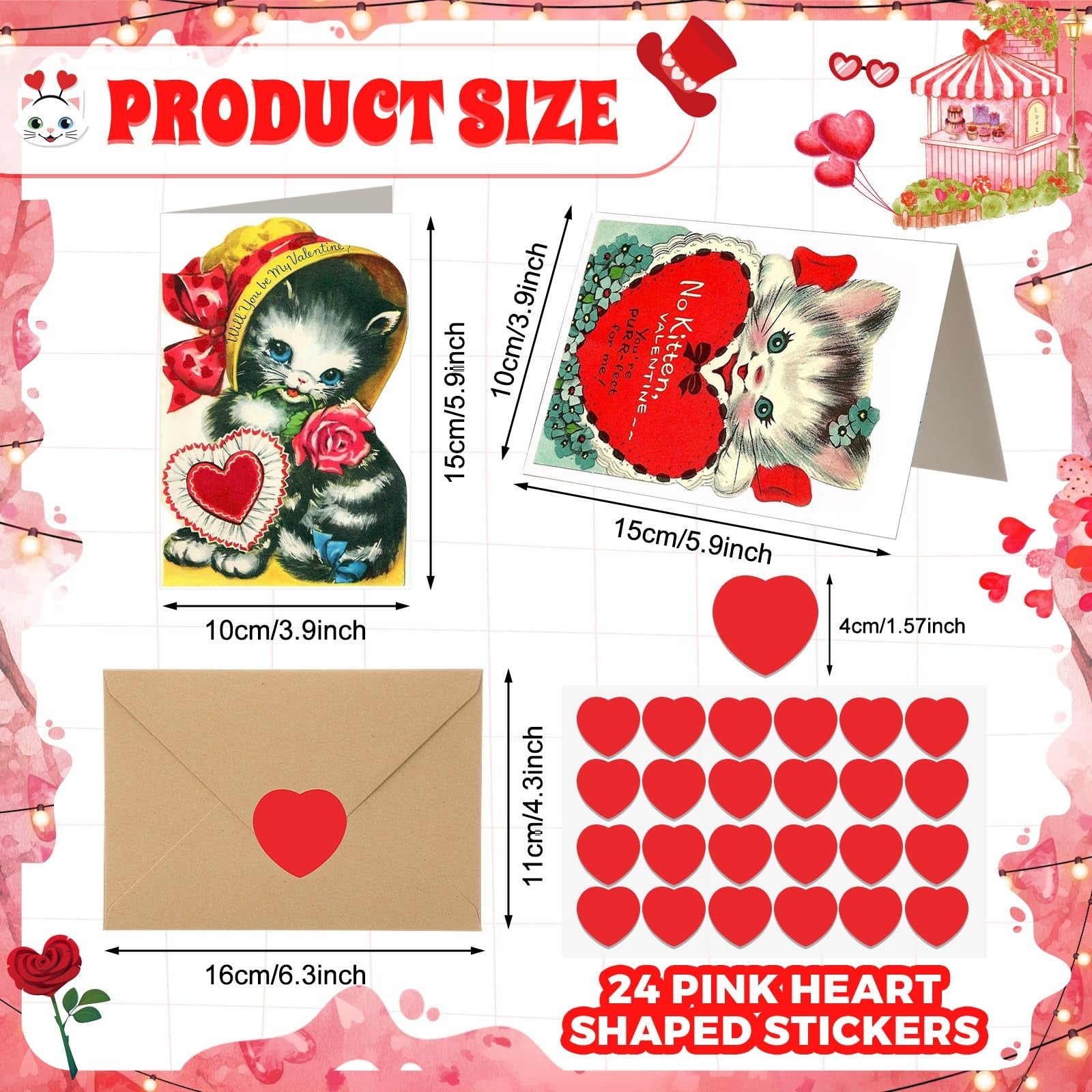 Tenceur vintage Valentine's Day cat card set with red love-themed envelopes, featuring 240 colorful greeting cards and envelopes.