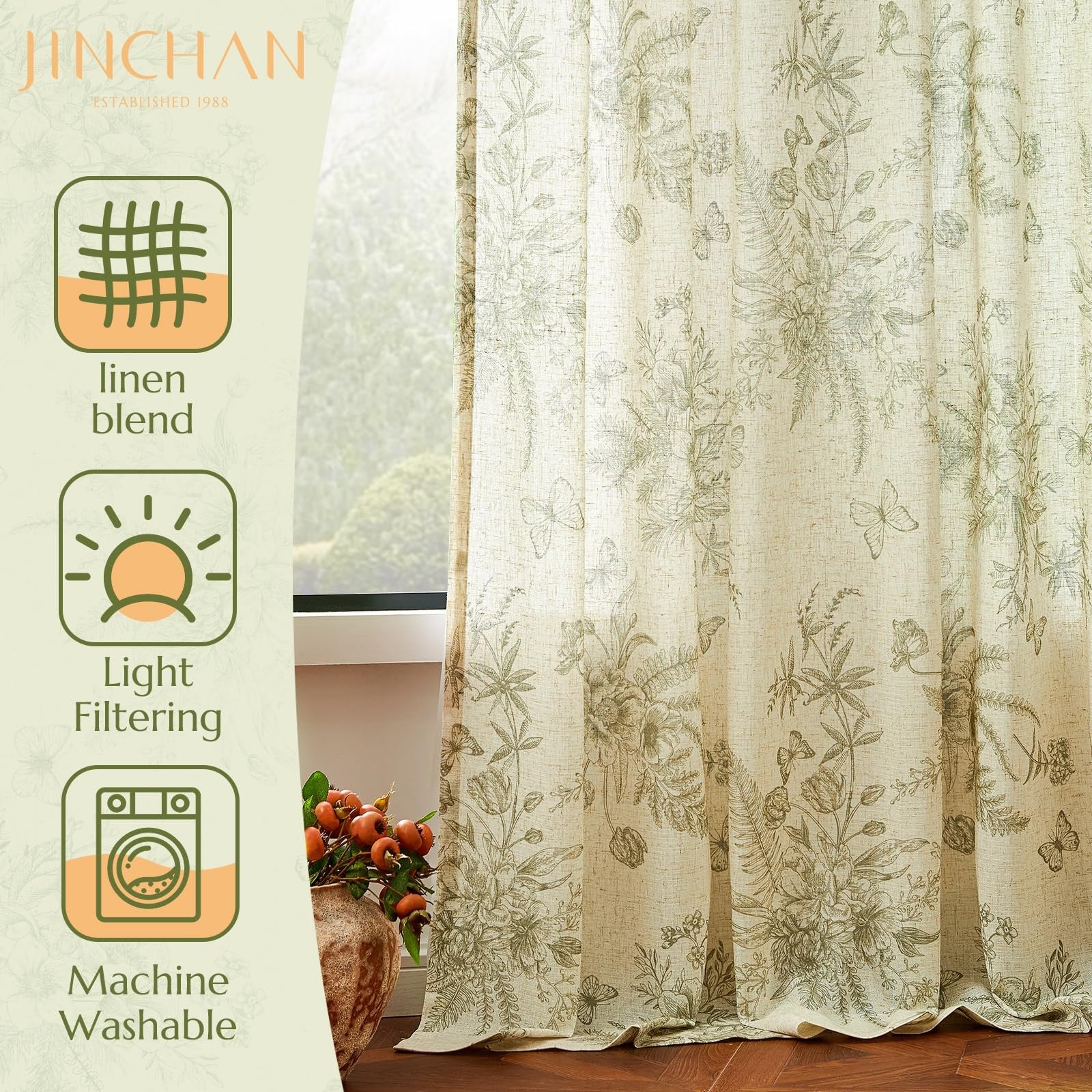 jinchan linen floral curtains for living room, sage green farmhous style, 84-inch length with elegant floral pattern
