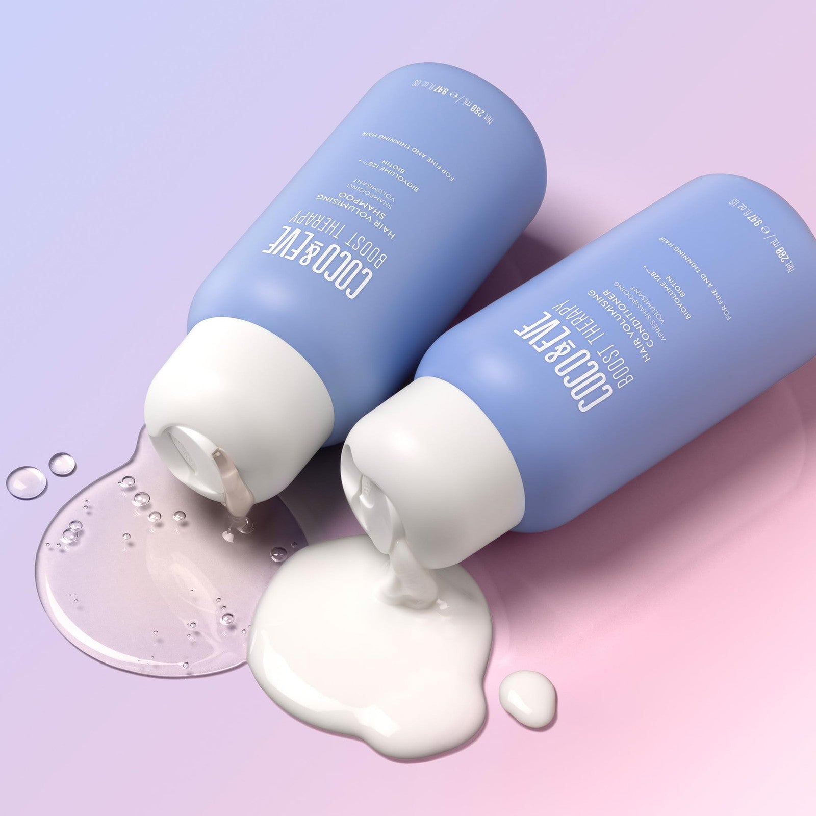 Coco & Eve Boost Therapy volumizing shampoo and conditioner set with bottles featuring the brand logo and product labels.