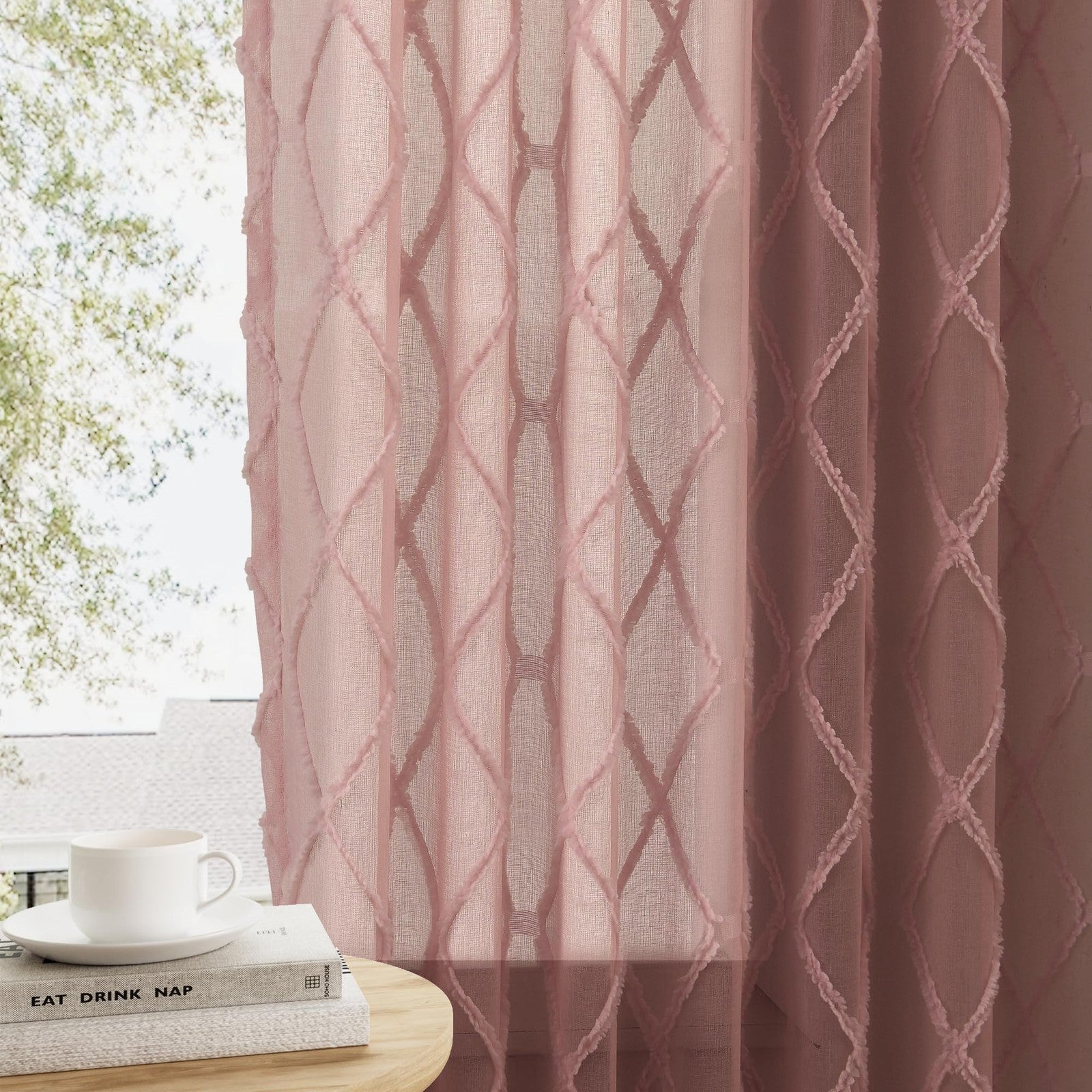Hokibero extra long canyon rose sheer curtains, 108-inch length, hanging in a living room with natural light and elegant drapes.