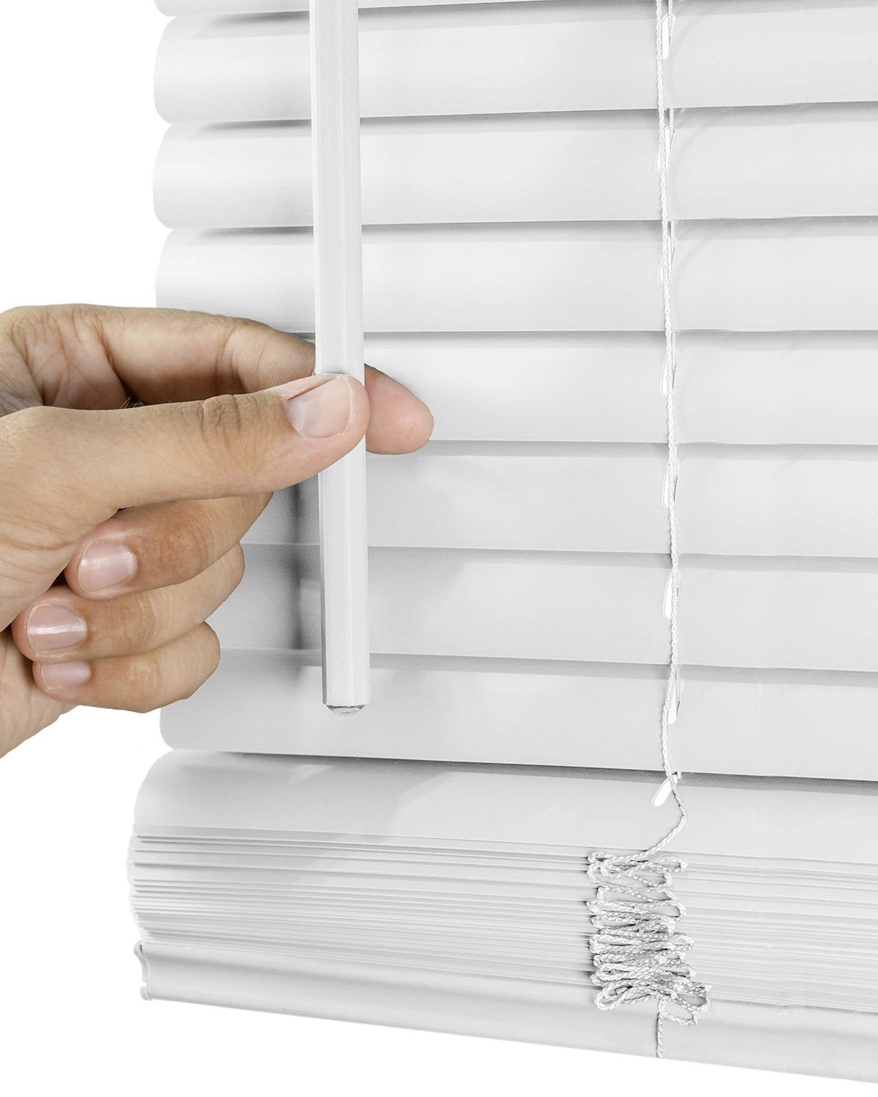 White Chicology mini blinds for indoor windows, 47W x 84H, horizontal vinyl window treatment with sleek, modern design.