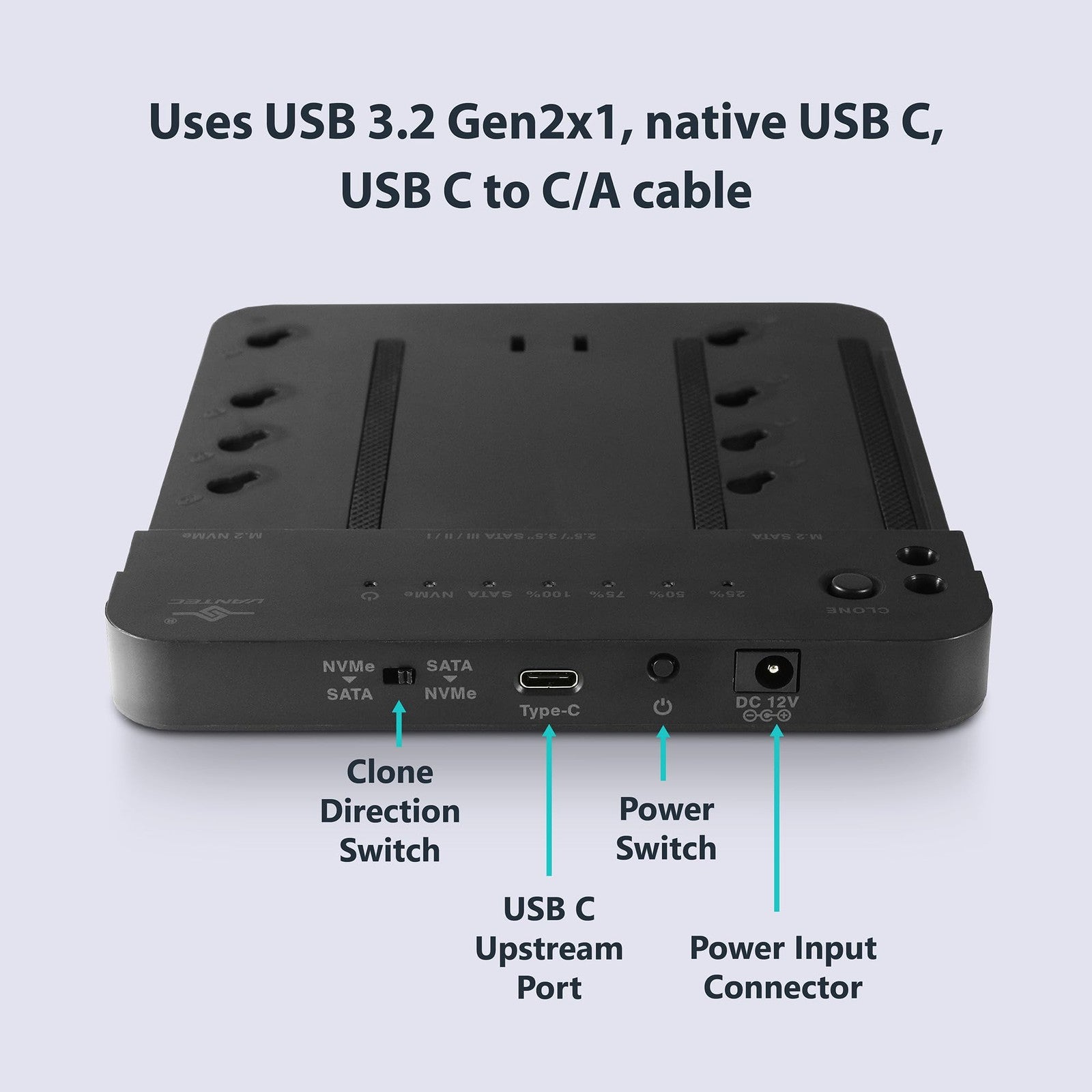 Vantec multi-function storage adapter with clone feature showing M.2 NVMe, SATA, SSD, and HDD ports for data transfer.