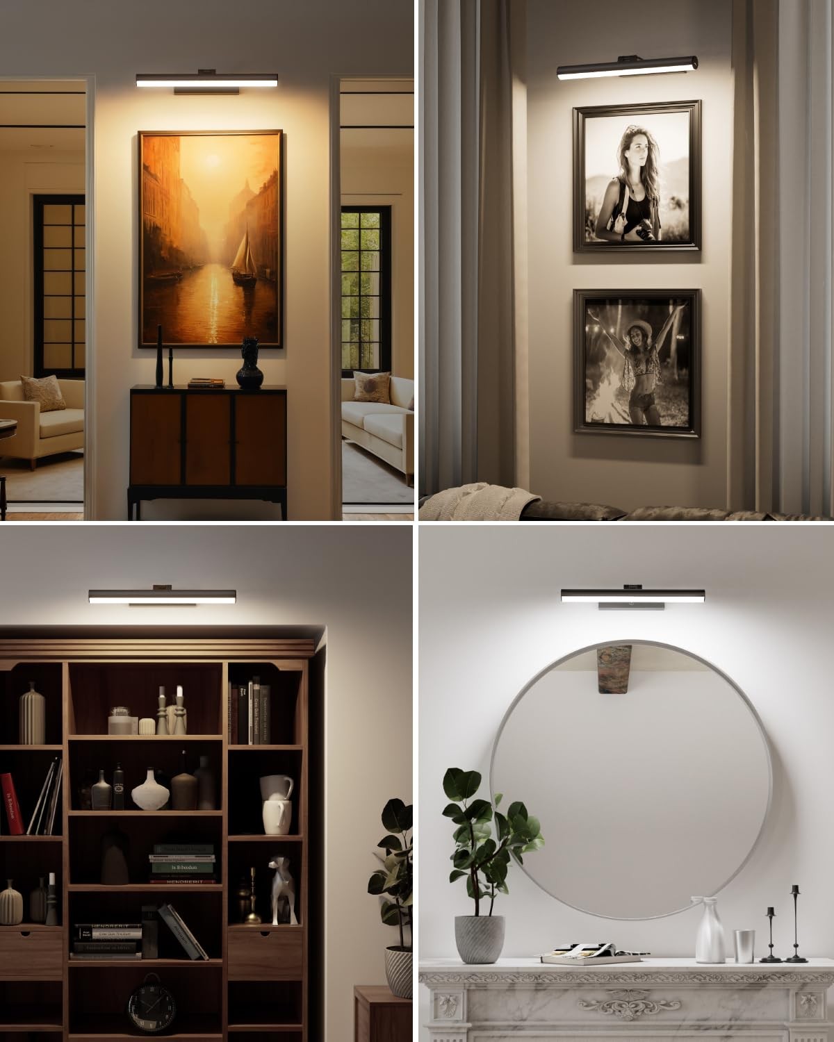 Bridika battery-operated picture light with remote, featuring three color modes, mounted on a wall illuminating artwork.