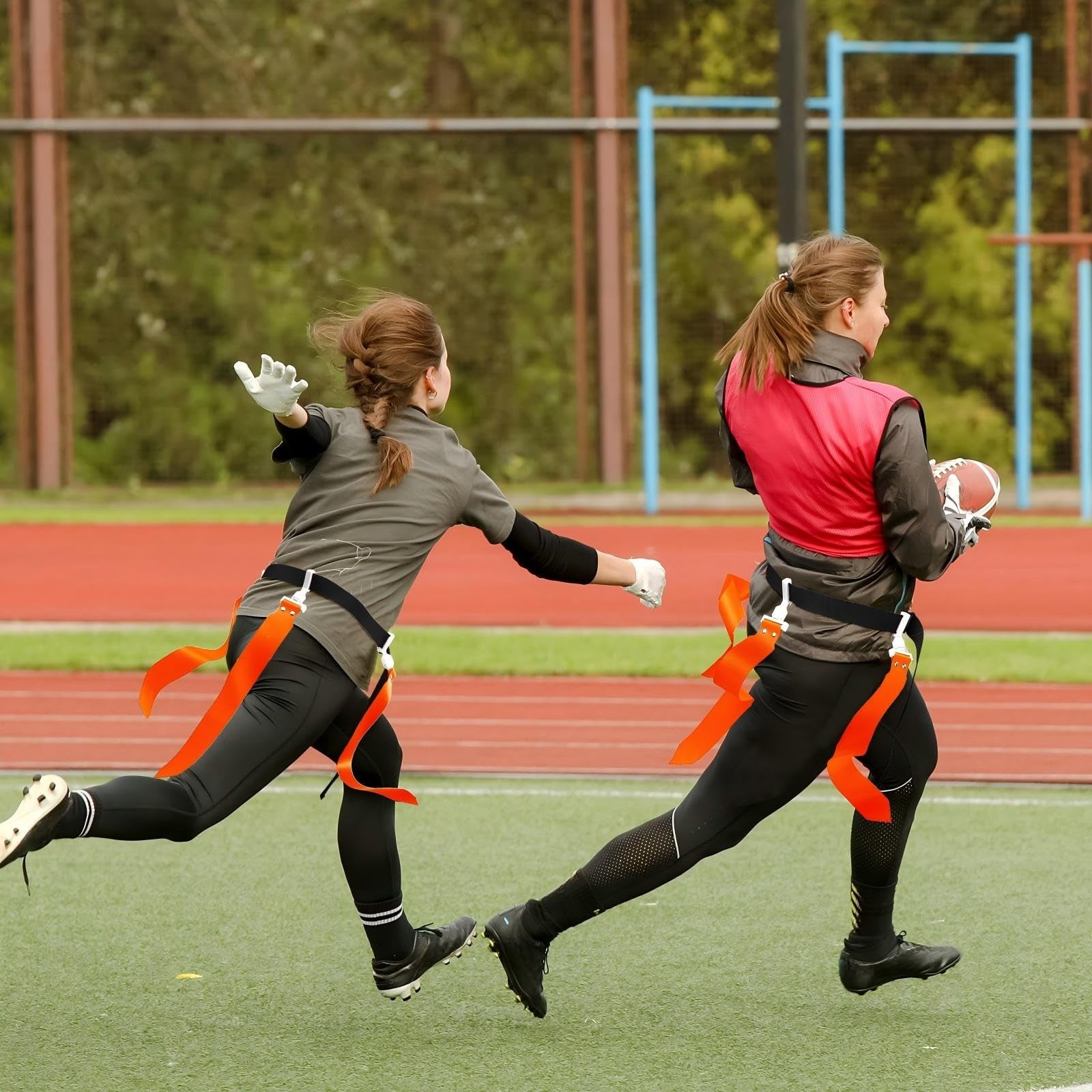 Junkin flag football set showing adjustable belts and colorful flags for 10, 6, or 8 players on a grassy field