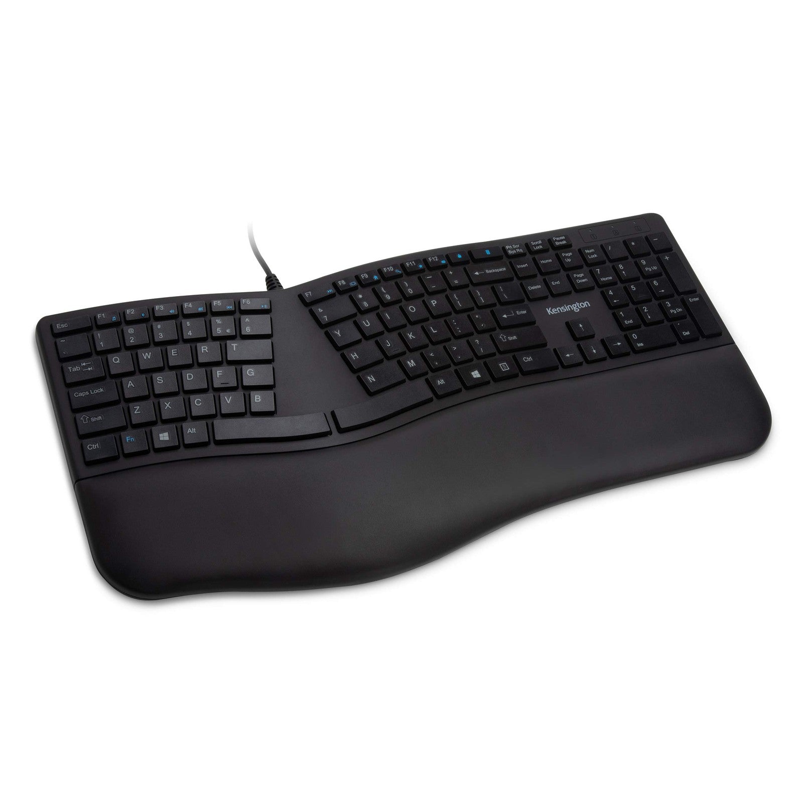 Kensington Pro Fit ergonomic wired keyboard in black with adjustable palm rest and full-size keys for comfortable typing.