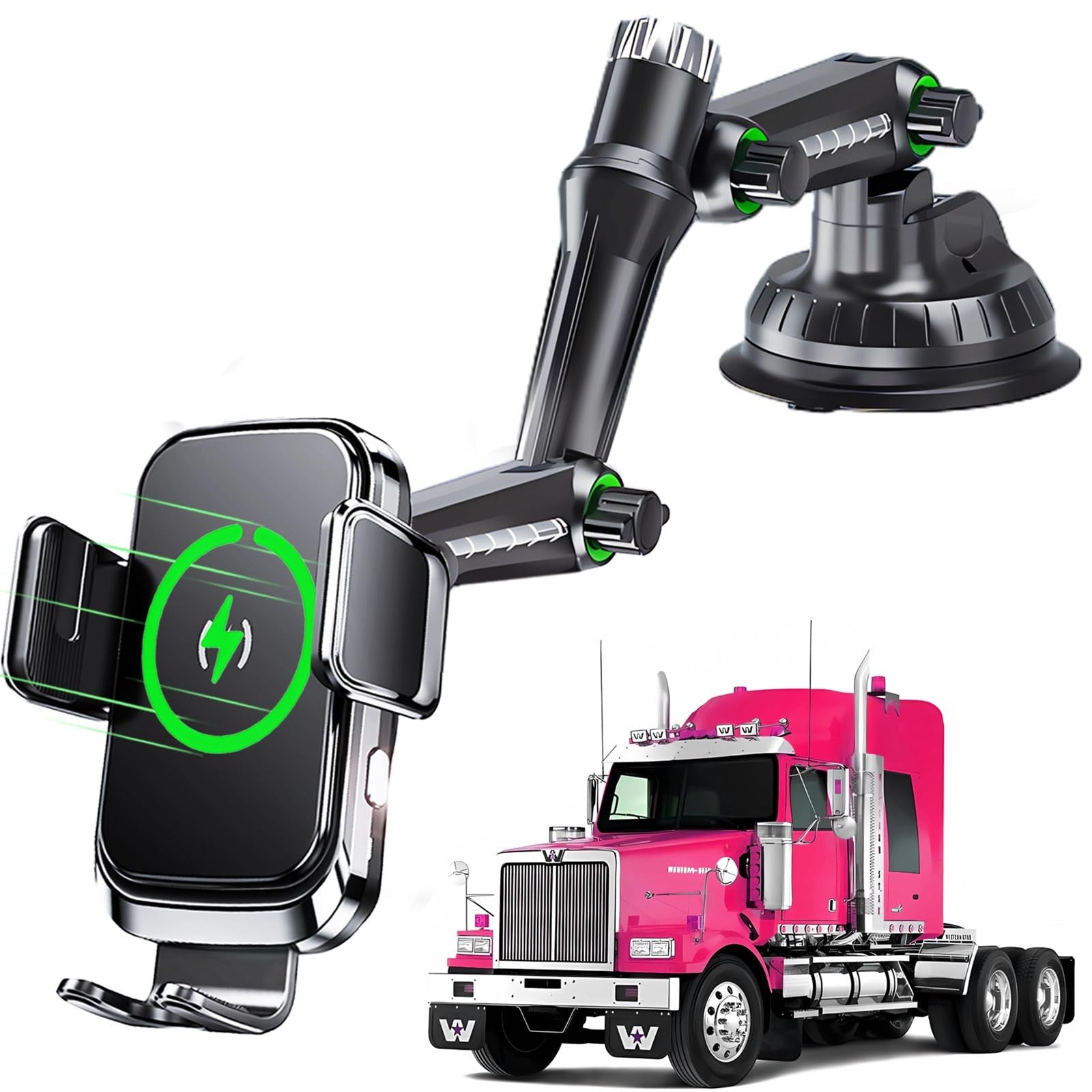 WCKESI wireless car charger and phone mount with a 10-inch long arm, 15W fast charging, suitable for trucks and vehicles.