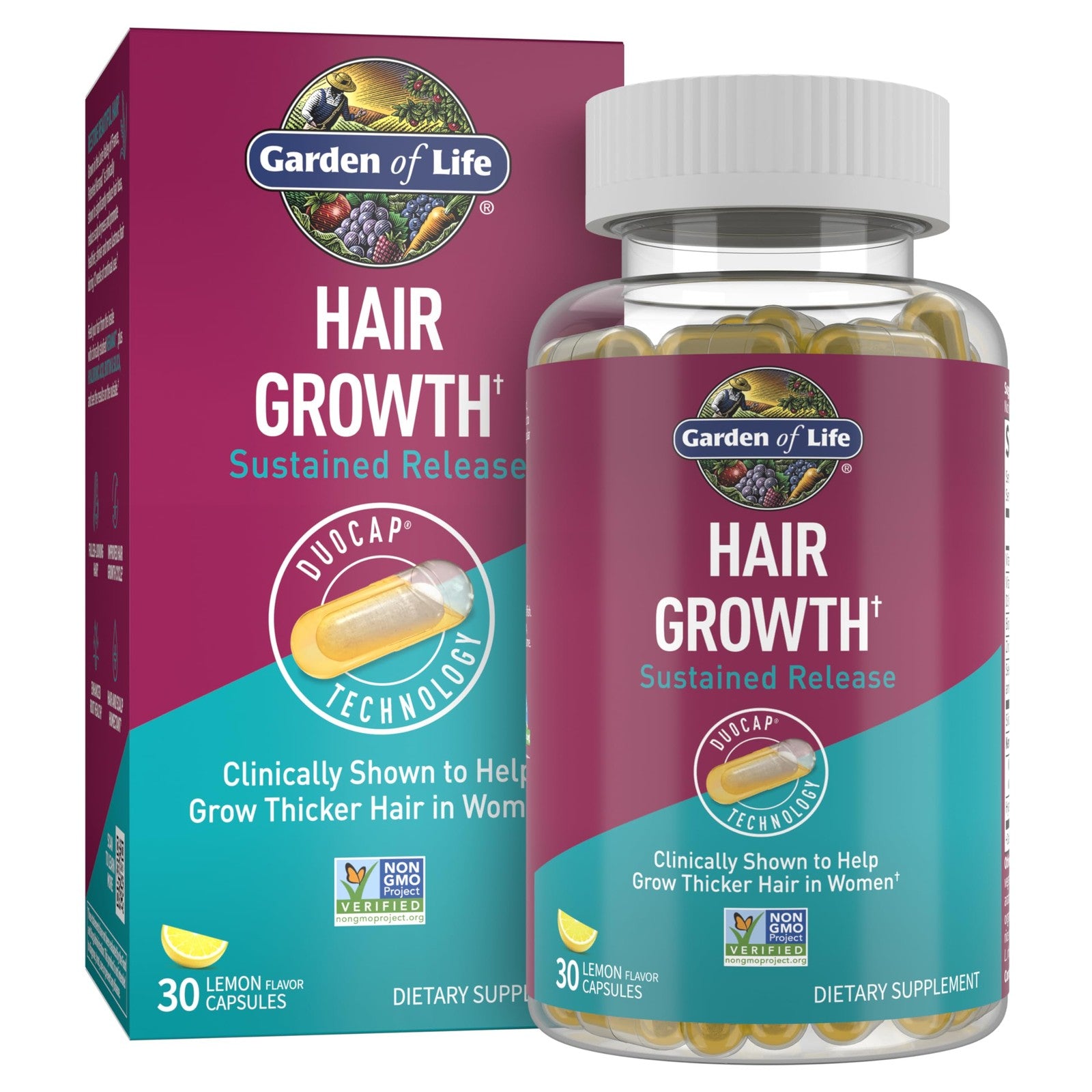 Garden of Life Hair Growth DuoCaps for women and men, 30-count bottle with supplement capsules for healthy hair growth.