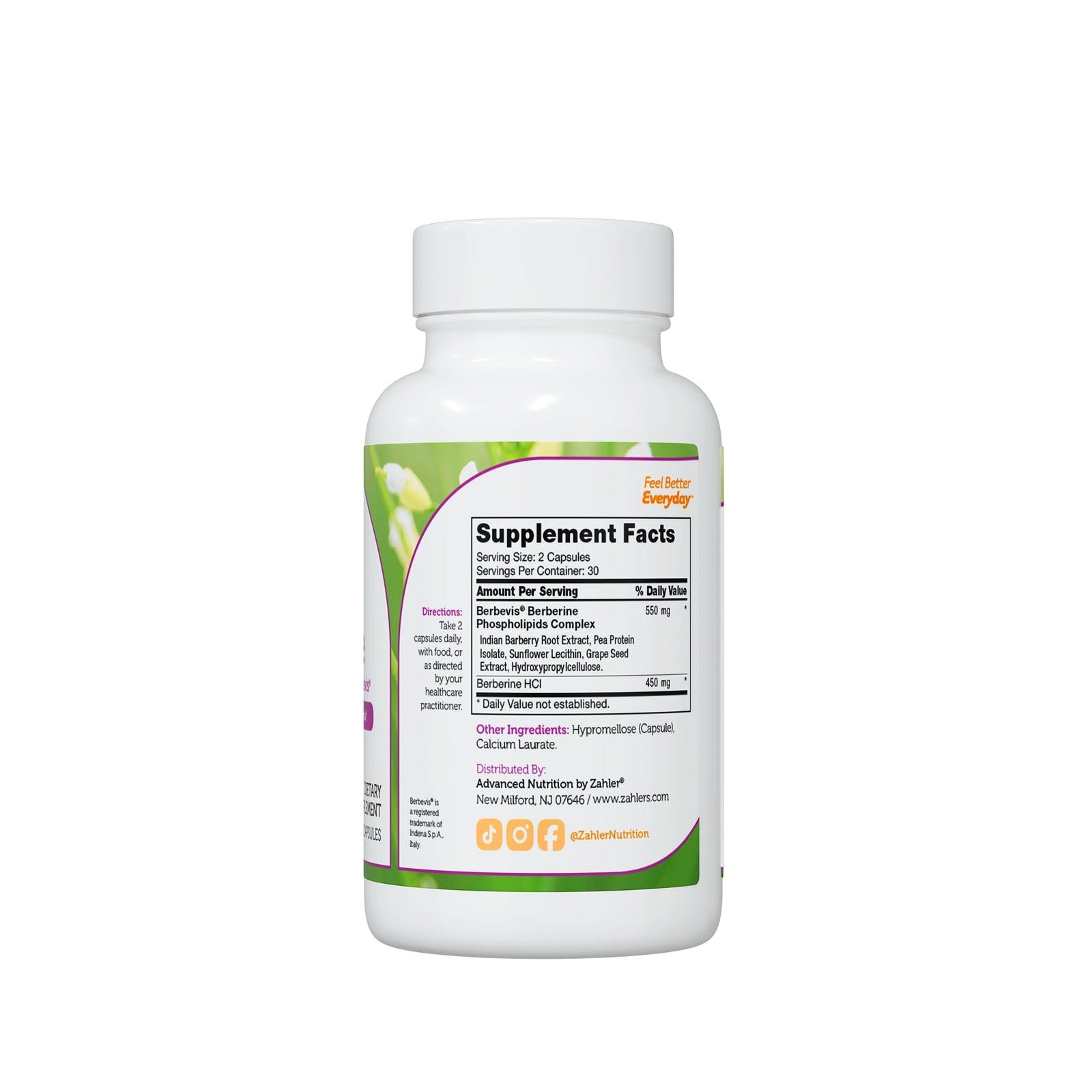 Zahler Berberine supplement bottle with label displaying Clinically Evaluated Berbevis, designed for metabolism and glucose support.