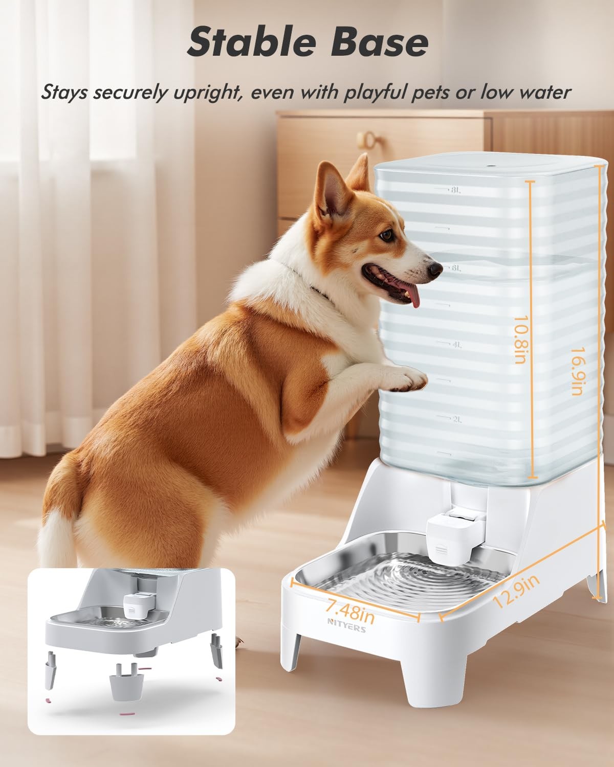 Nityers automatic dog water bowl dispenser with patented faucet, large 8L gravity water bowl for pets, showing the dispenser and water flow.