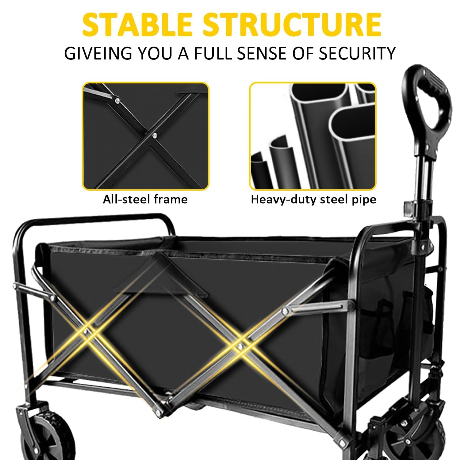 SAILARY heavy duty folding wagon with reinforced steel frame, 320lbs capacity, black utility cart resting on a flat surface.