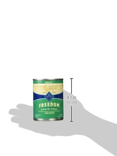Blue Buffalo Freedom grain-free wet dog food cans with lamb flavor, 12.5 oz each, 12-pack, showing the canned dog food with lamb chunks