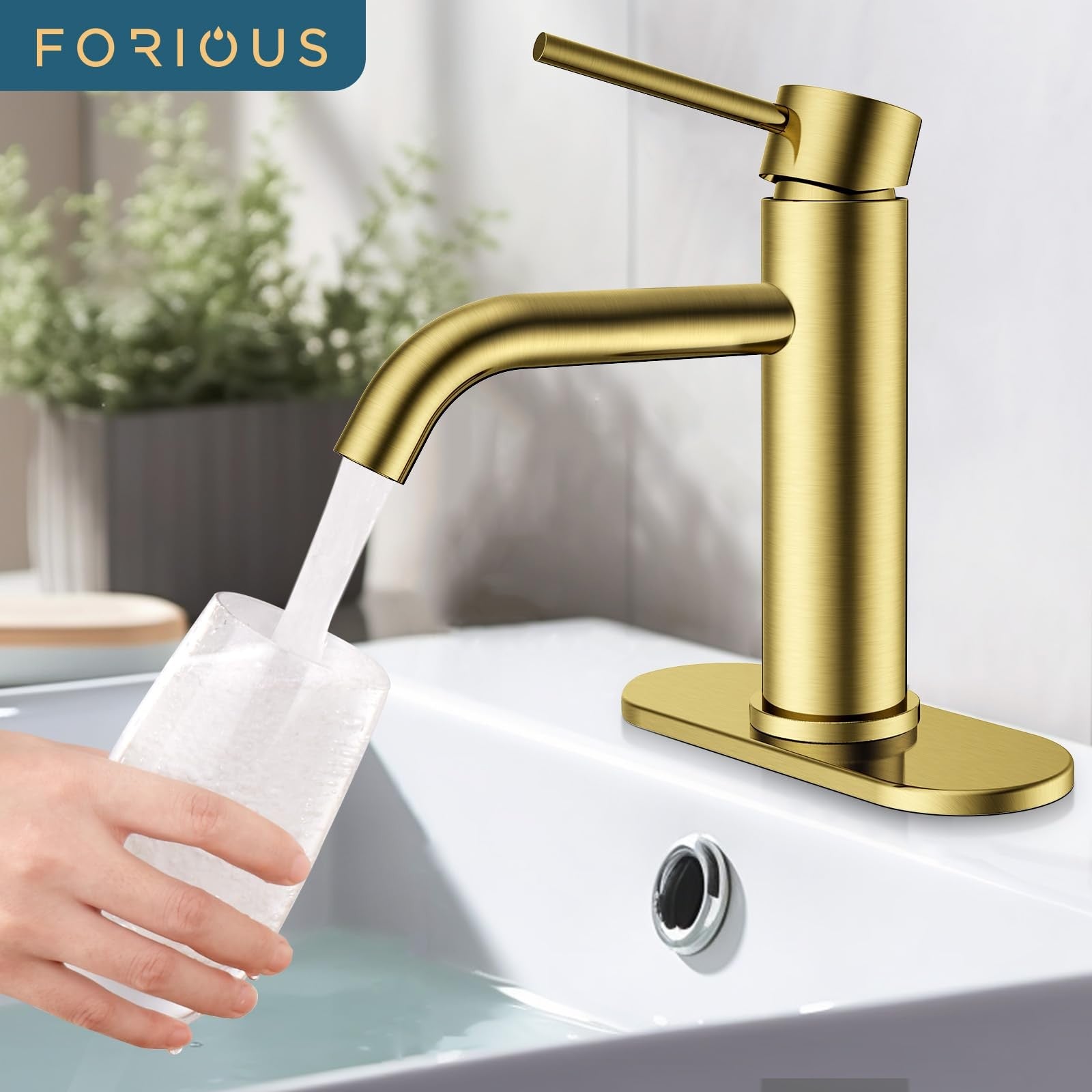 FORIOUS gold stainless steel bathroom sink faucet with one-hole design, featuring a sleek and modern appearance.