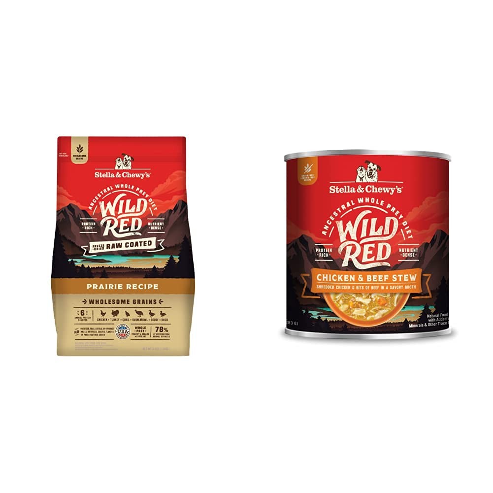Stella & Chewy's Wild Red Raw Coated Kibble dry dog food with wholesome grains, showing kibble pieces coated with raw ingredients.