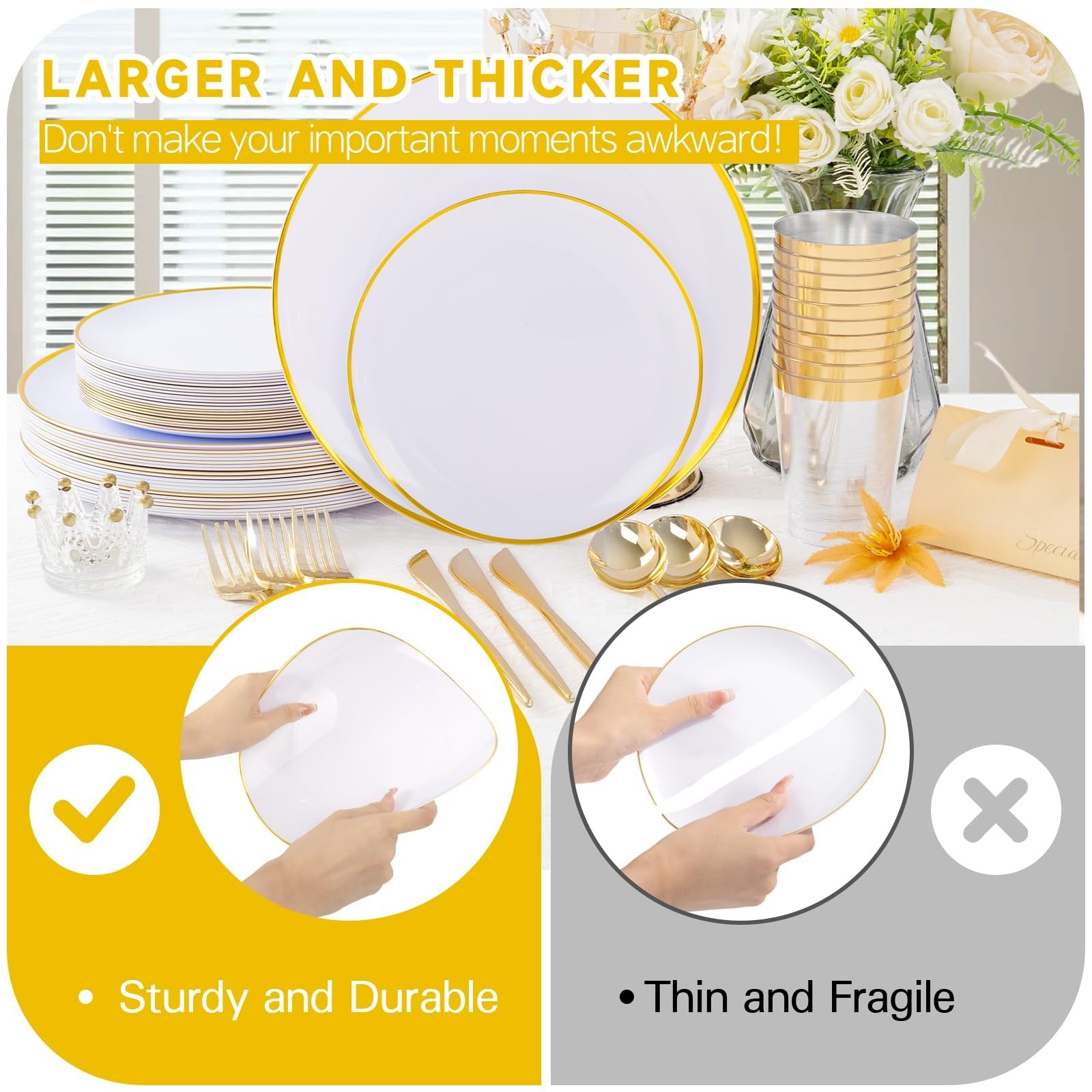Set of 180 white and gold plastic plates for parties, featuring elegant gold accents, ideal for festive gatherings and celebrations.