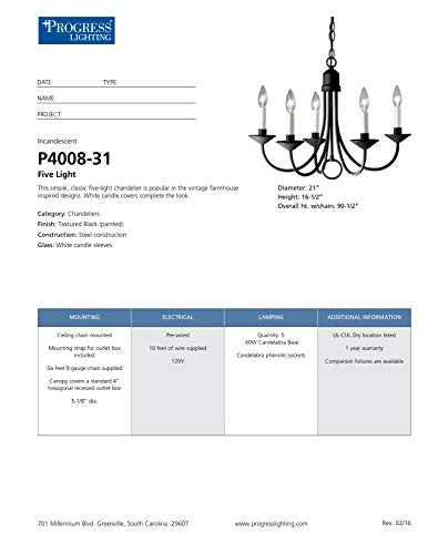 Progress Lighting five-light white candles traditional chandelier with classic design and elegant candle-style light fixtures.