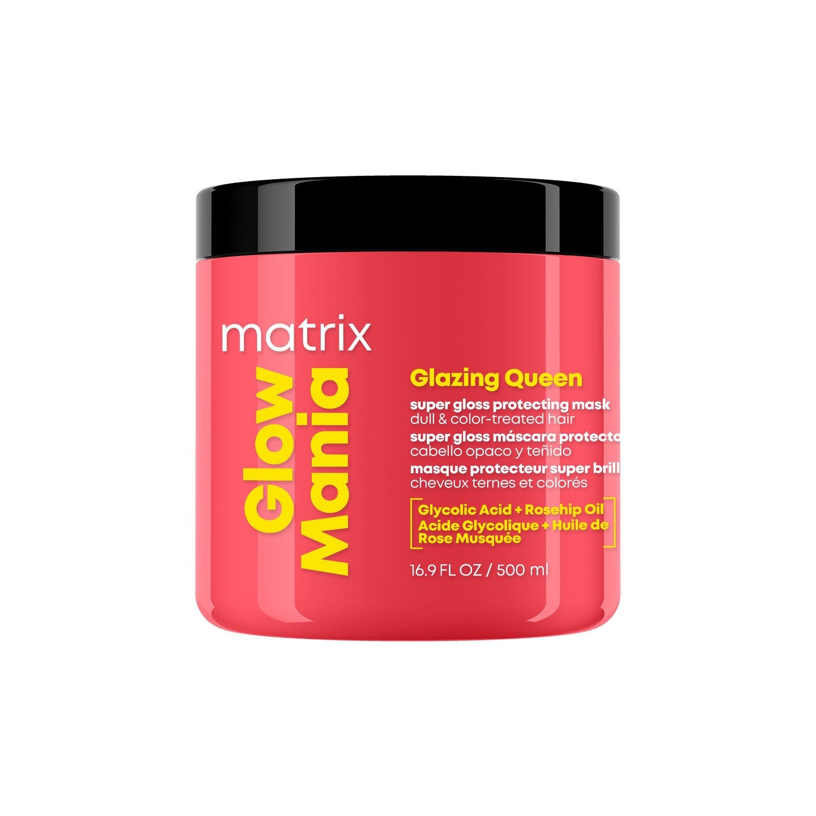 Matrix Glow Mania Super Gloss Protecting Mask applying a shiny, nourishing hair treatment on hair strands.