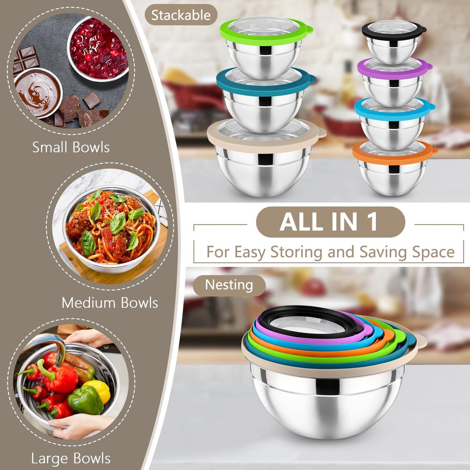Set of seven stainless steel P&P CHEF mixing bowls with lids, nesting design for salad and food preparation.