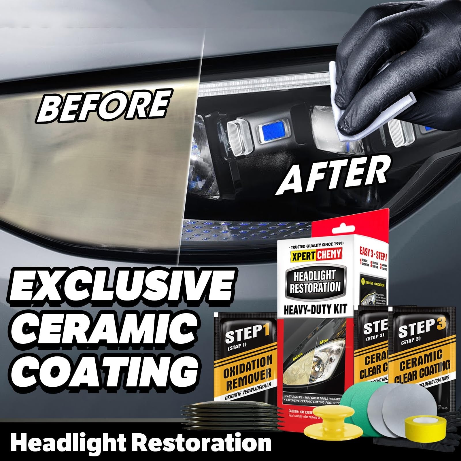 XPERTCHEMY Headlight Restoration Kit with yellowing and clouding remover, showing the kit components and a restored headlight lens.