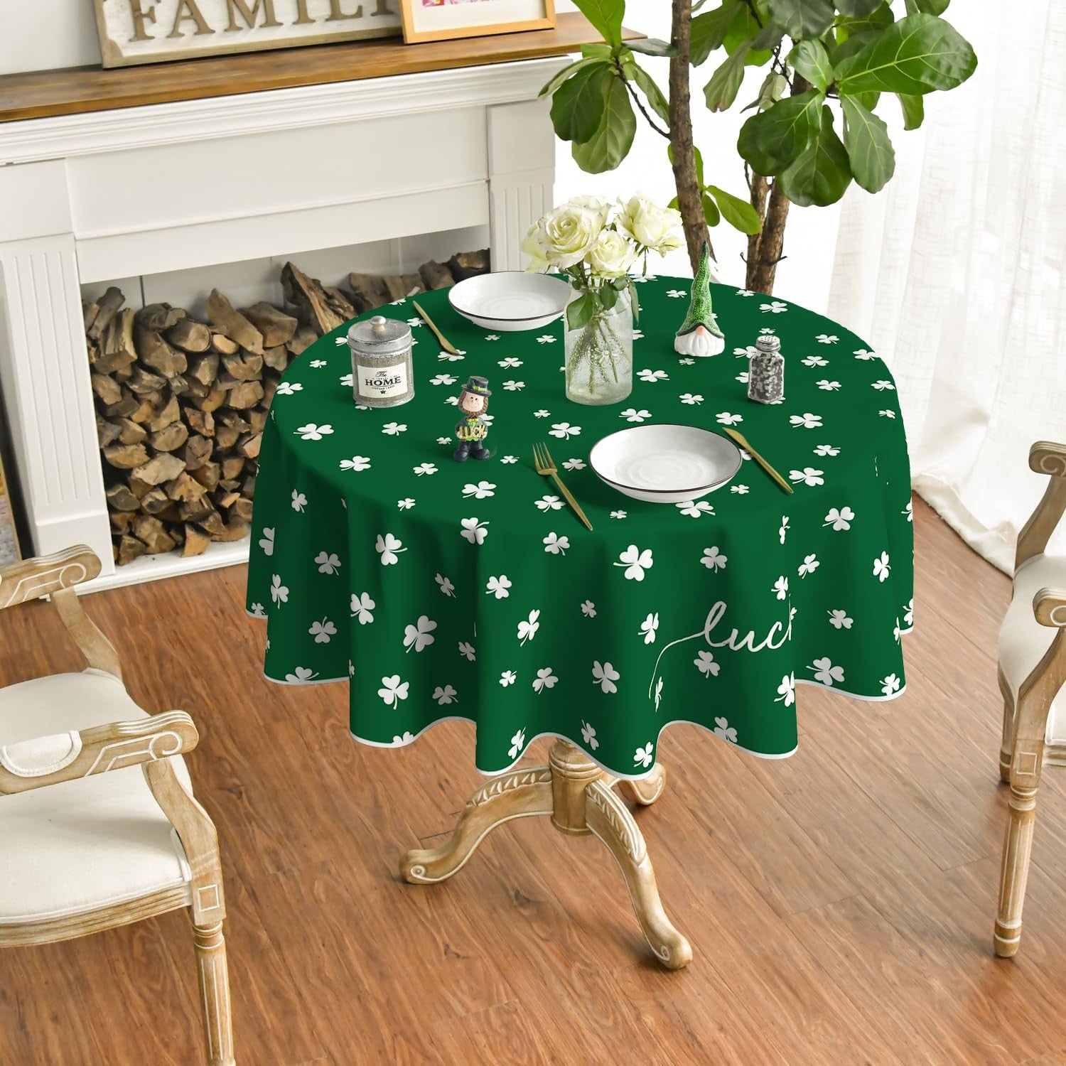 Horaldaily St. Patrick's Day round tablecloth with Irish clover and shamrock design, 90x90 inches for festive celebration decor.