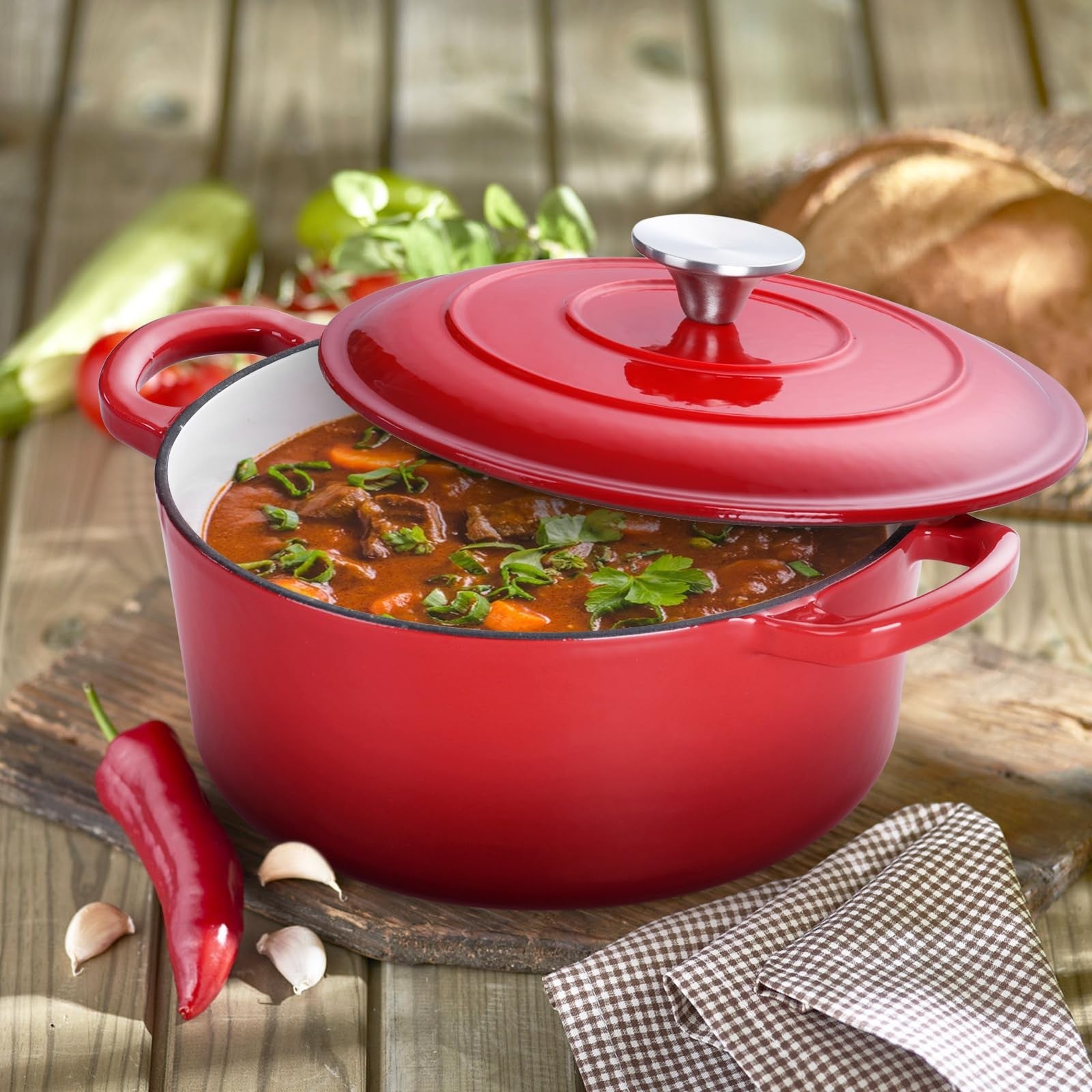 E-far 3 Qt enameled cast iron Dutch oven with lid, small round nonstick cookware ideal for stovetop and oven cooking