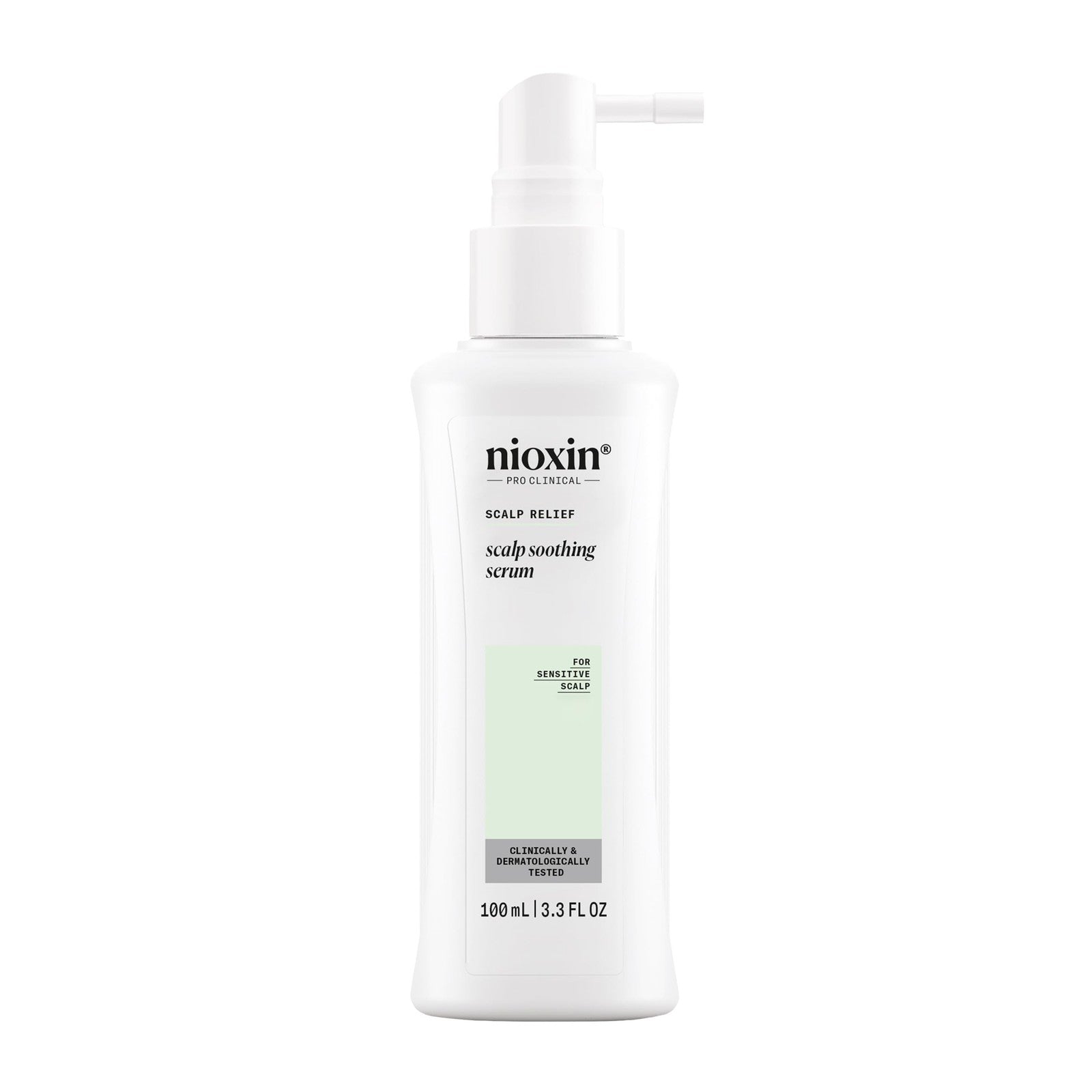 NIOXIN Scalp Relief soothing serum for sensitive scalps, featuring a clear bottle with dropper applicator and scalp-friendly formula.