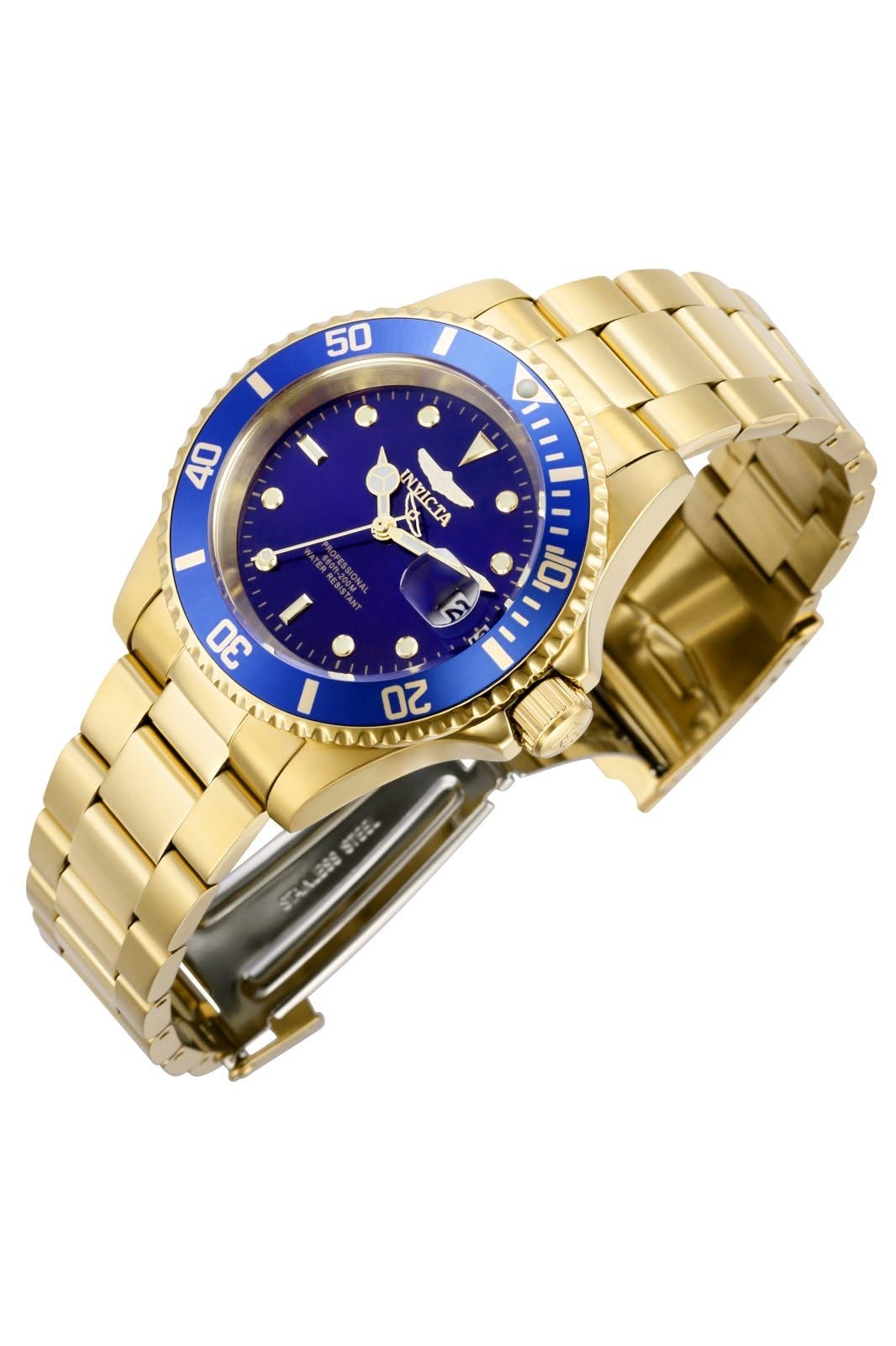 Invicta Men's Pro Diver Quartz Watch with stainless steel gold and blue dial, featuring a round face and metal bracelet.
