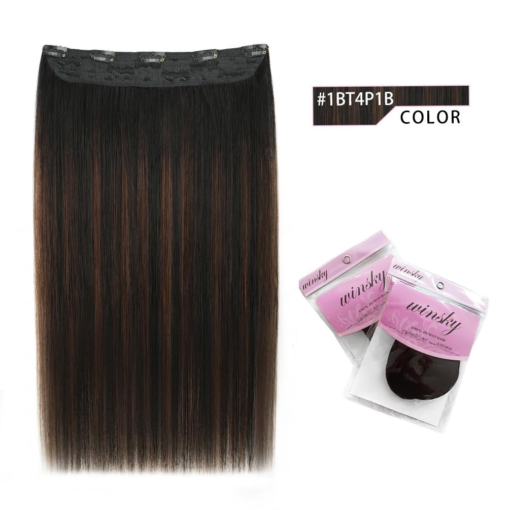 Winsky real human hair clip-in extensions in brown balayage, 16 inches, 70g weight, featuring #1BT4P1B color blend.