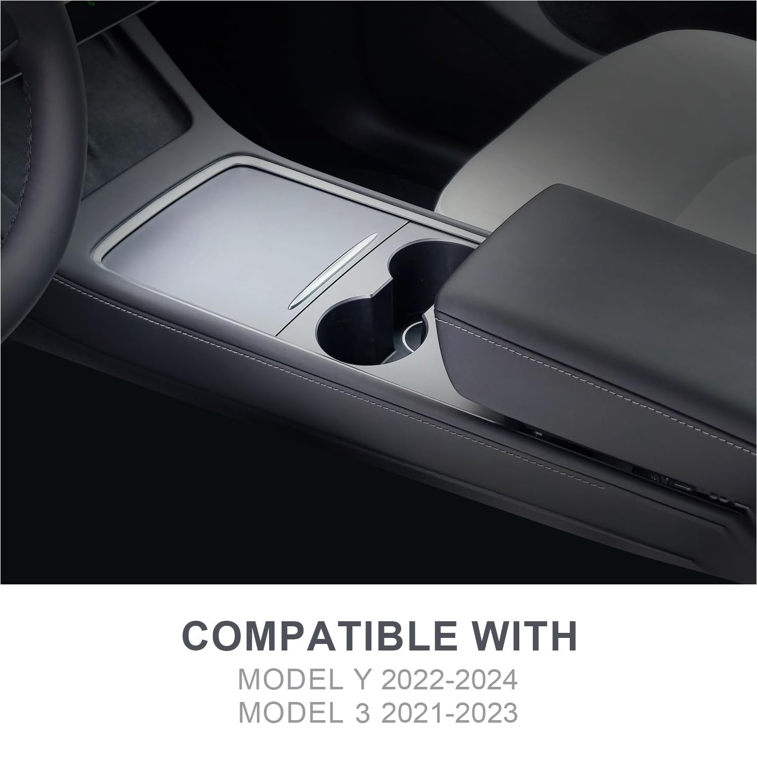 JVMA Tesla Model Y and Model 3 center console organizer showing compartments and storage features inside the vehicle.