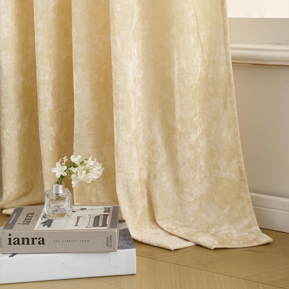 Liians blackout velvet curtains in beige for bedroom or nursery, measuring 52x84 inches, designed for patio doors.