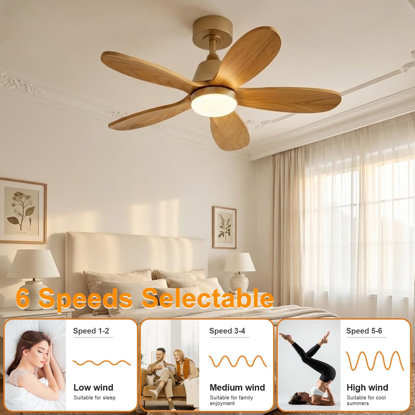 KENSID 36-inch modern wood ceiling fan with integrated light and remote control, featuring sleek design and wooden blades.