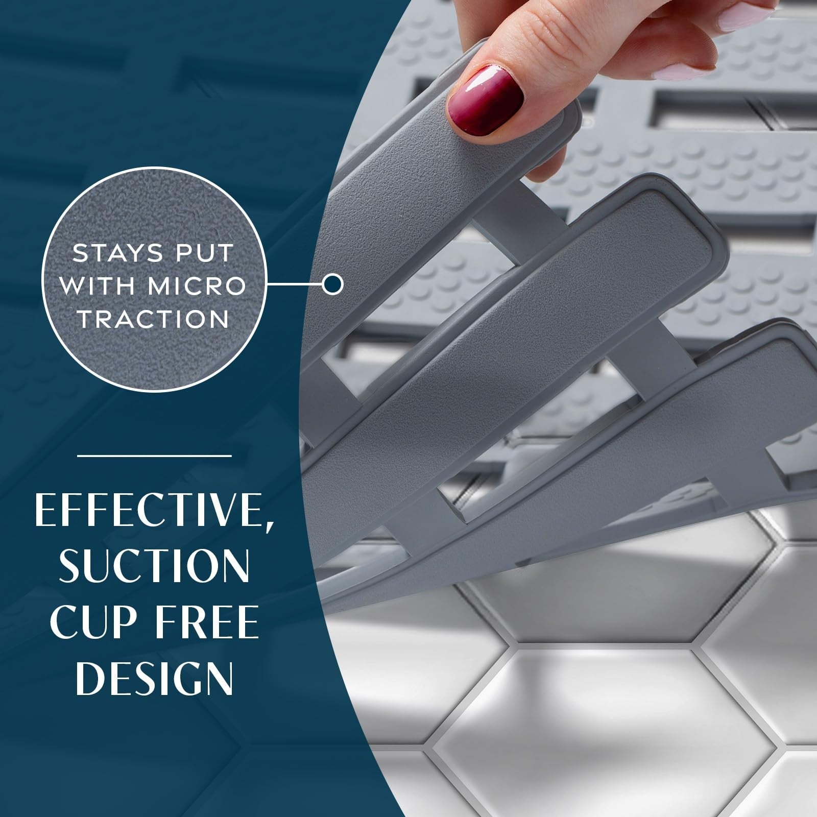 SlipX Solutions weighted non-slip bath mat with textured surface for safe grip in tub and shower, shown in a bathroom setting.