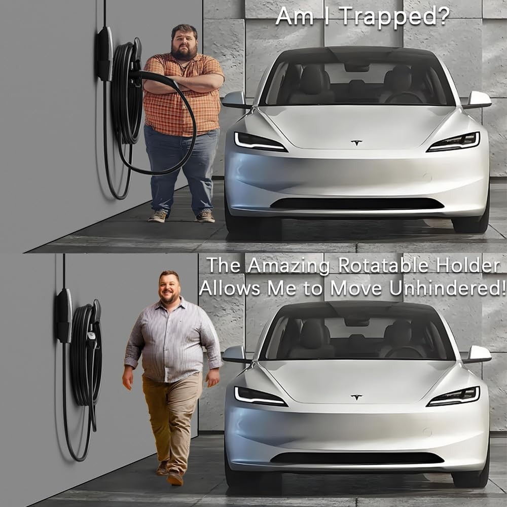 westsaim Tesla Charger Holder Wall Mount with swivel feature, designed for organizing Tesla charging cables on the wall.