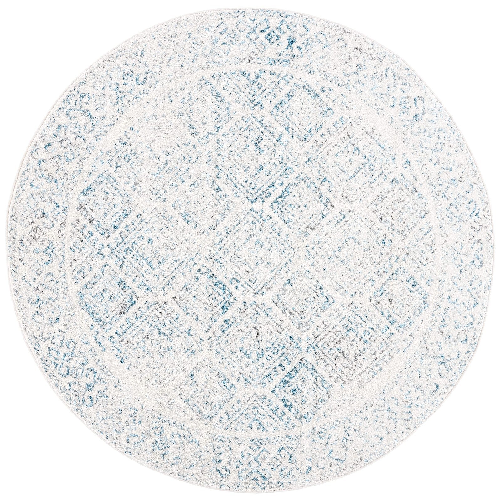 Round ivory and turquoise Moroccan boho area rug from the Safavieh Tulum Collection, featuring intricate geometric patterns.